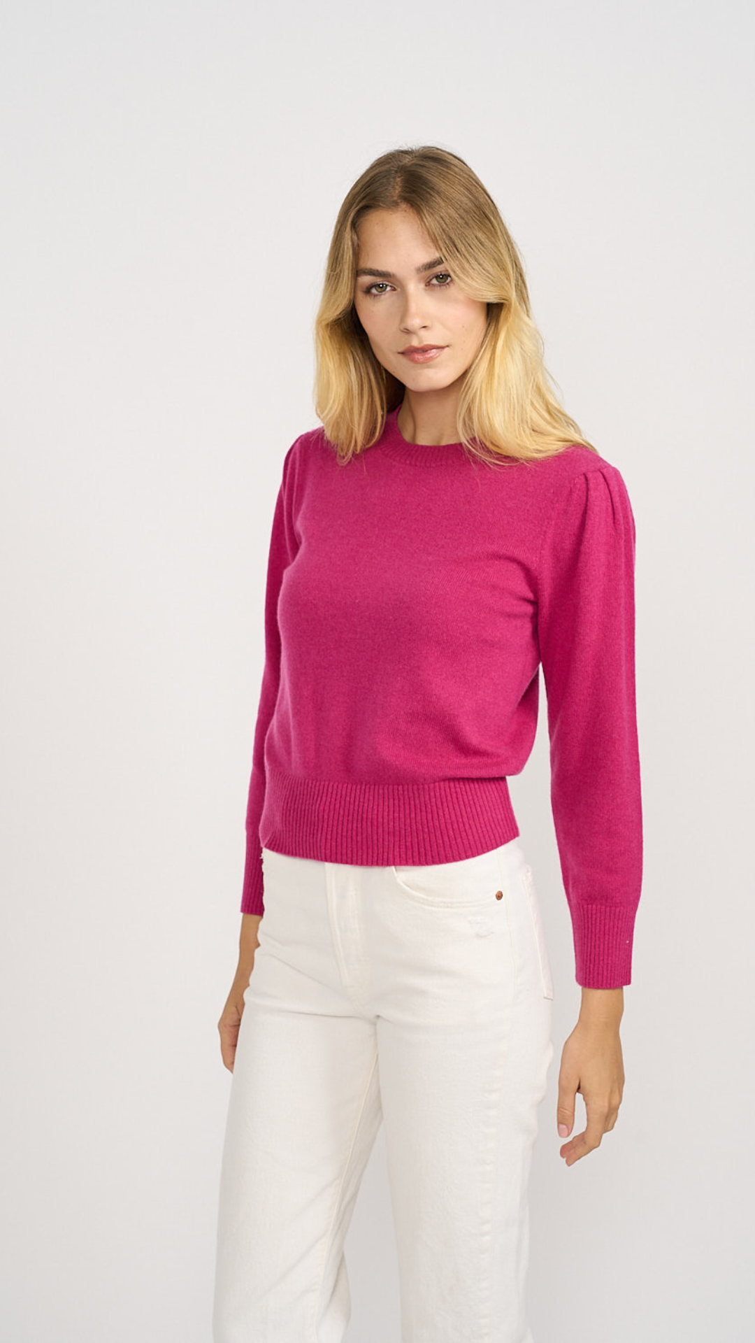 Cashmere Puff Sleeve Crewneck Sweater - Magenta