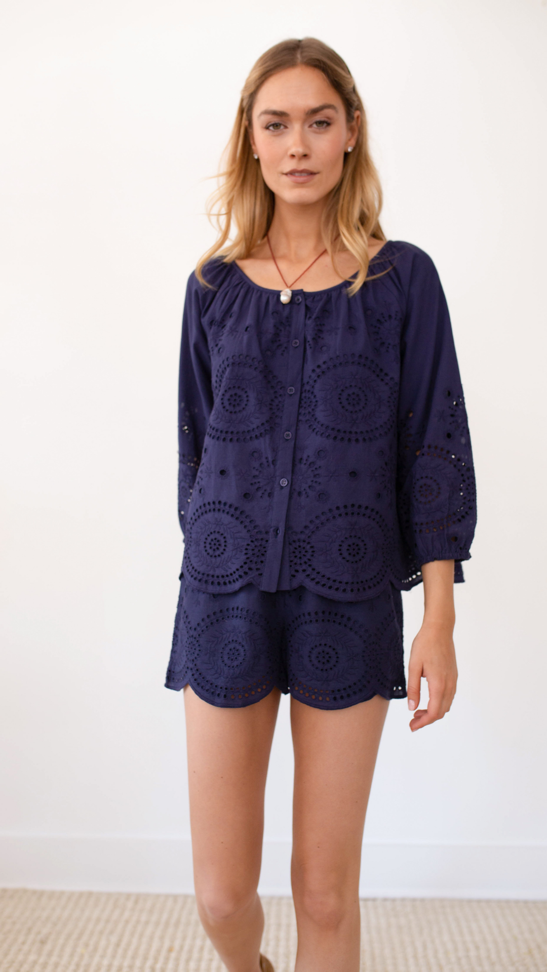 Sophie Top - Navy Demi Eyelet – Marea by Liz Joy