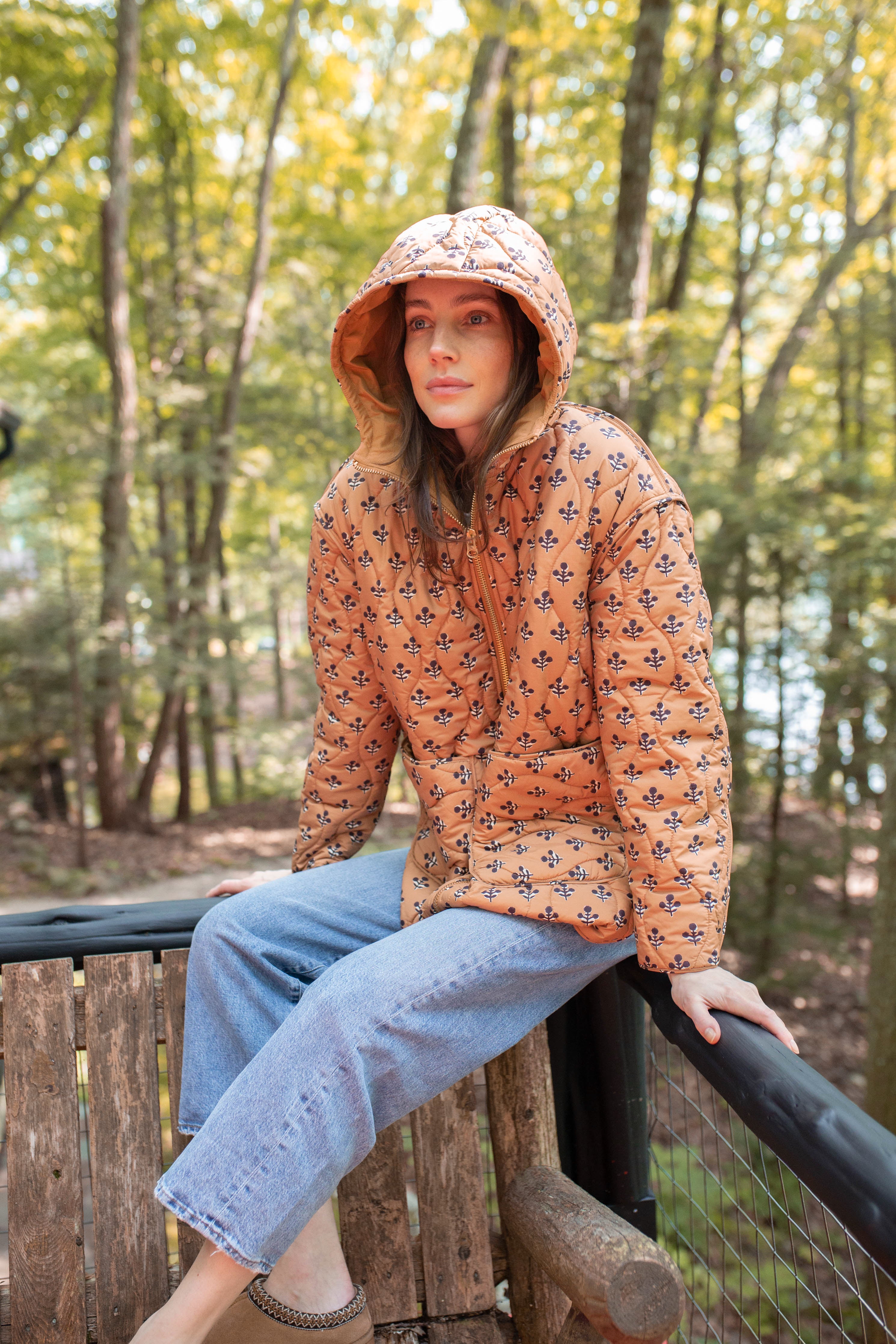 Printed Puffer Jacket - Camel Marea Flower – Marea by Liz Joy