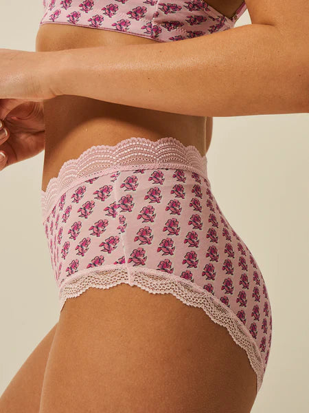 High Rise Brief - Pink Marea Flower Stamp