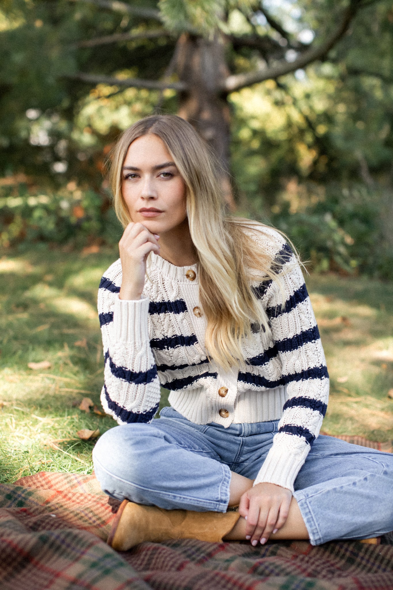 Striped Cable Cardigan - Ivory/Navy Stripe