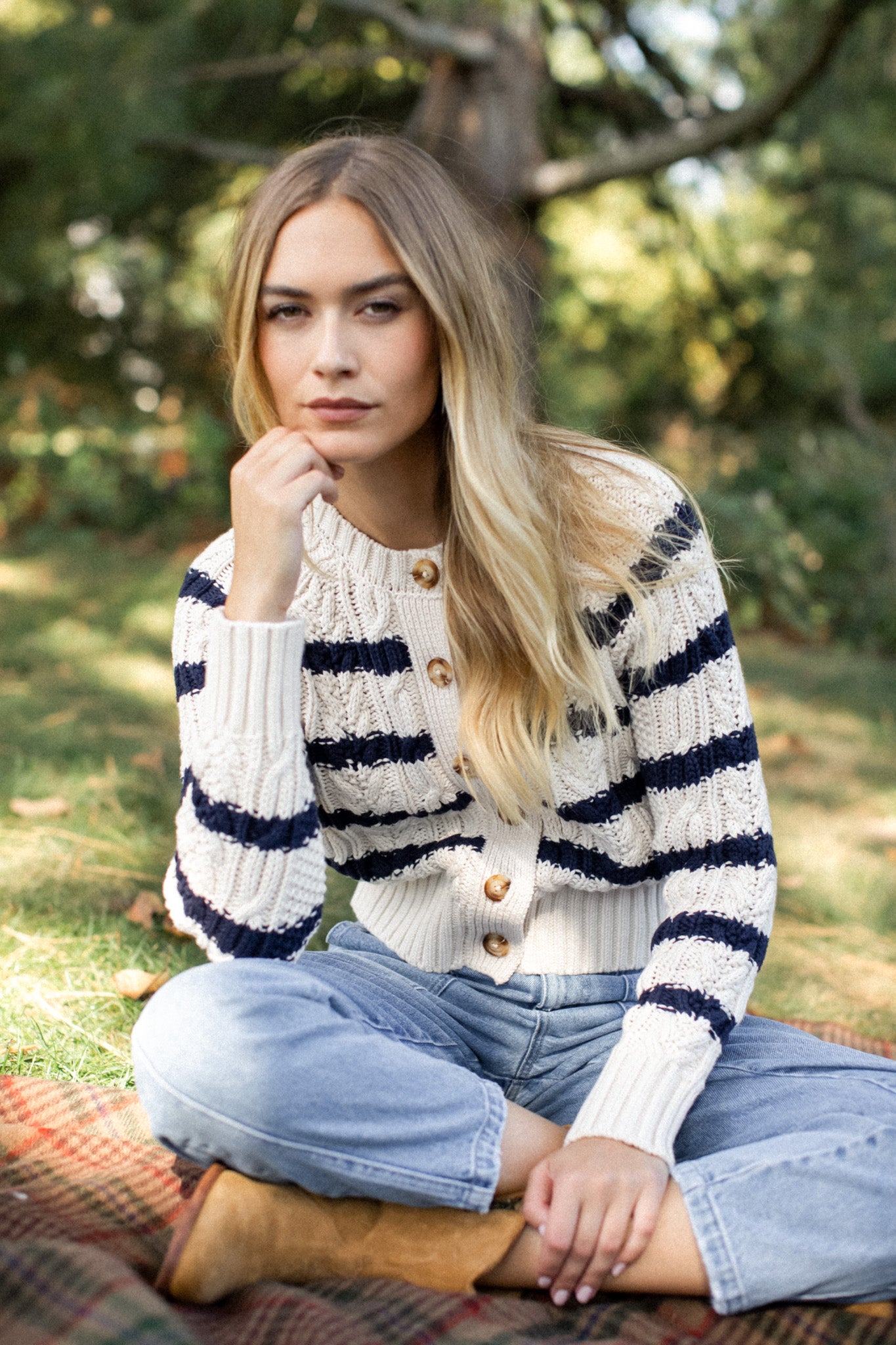 Striped Cable Cardigan - Ivory/Navy Stripe