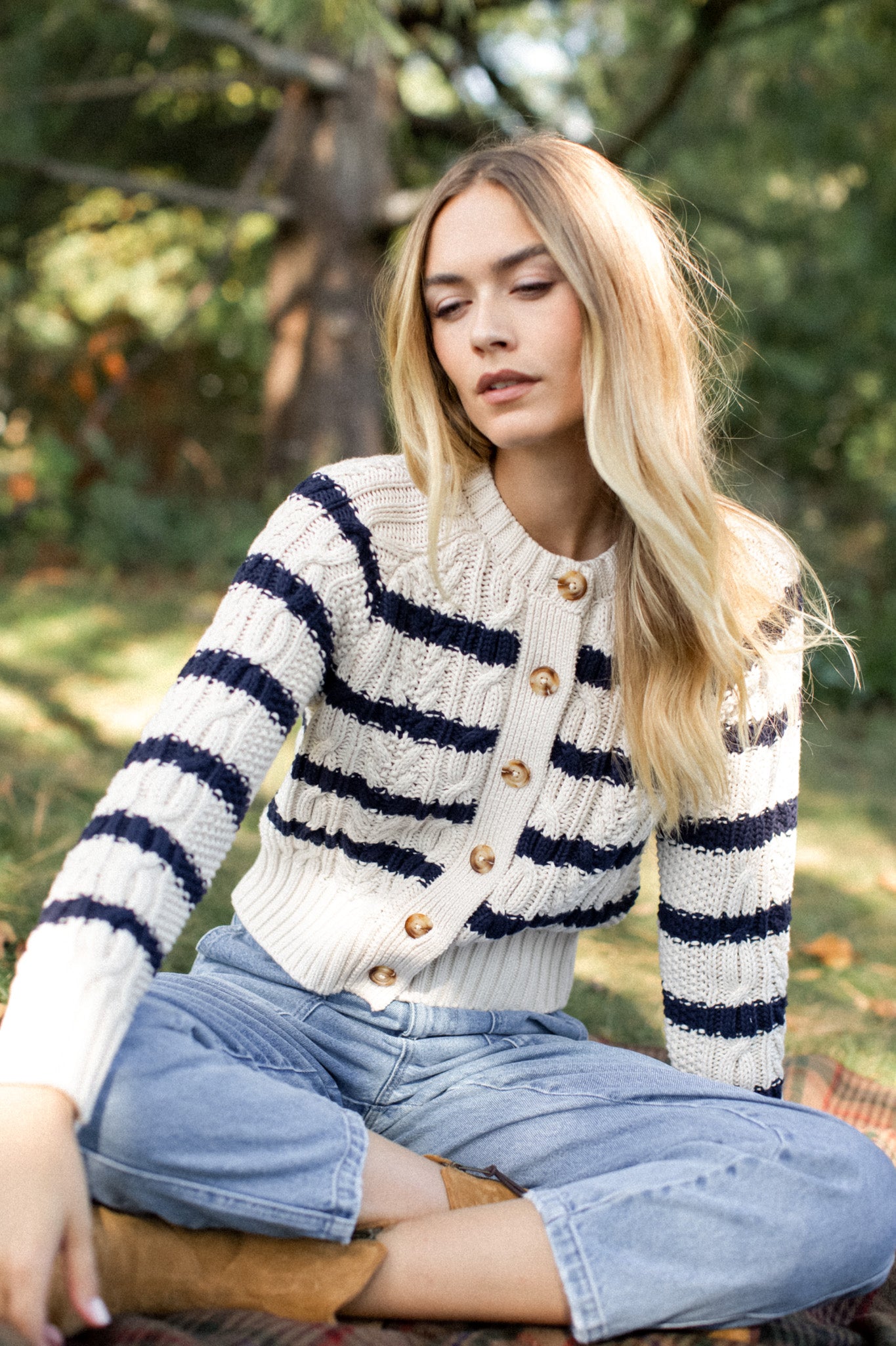 Striped Cable Cardigan - Ivory/Navy Stripe