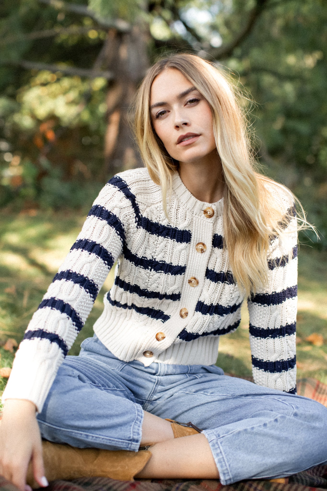 Striped Cable Cardigan - Ivory/Navy Stripe