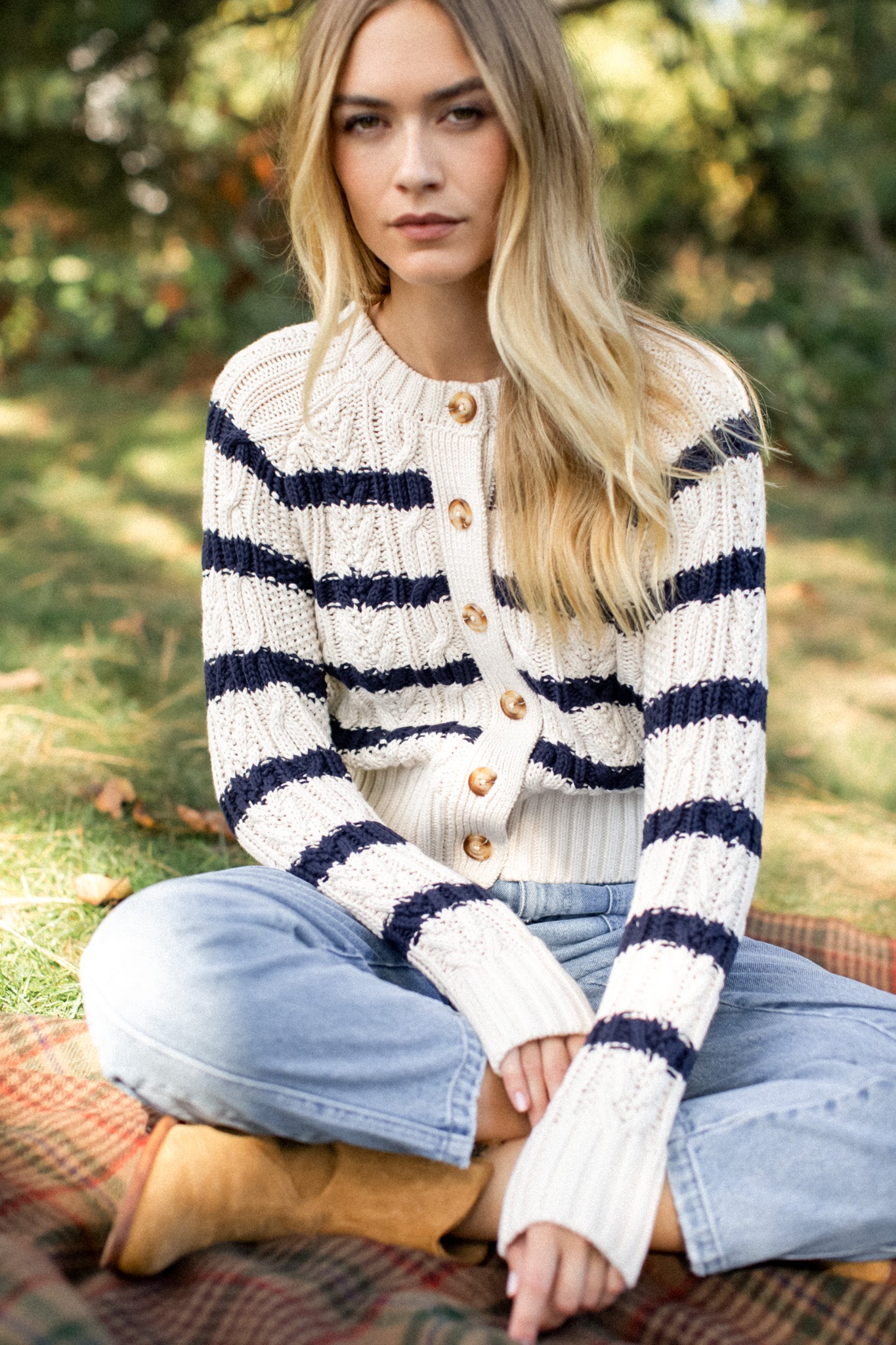 Striped Cable Cardigan - Ivory/Navy Stripe