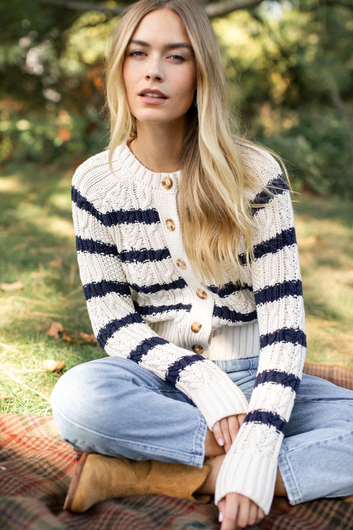 Striped Cable Cardigan - Ivory/Navy Stripe