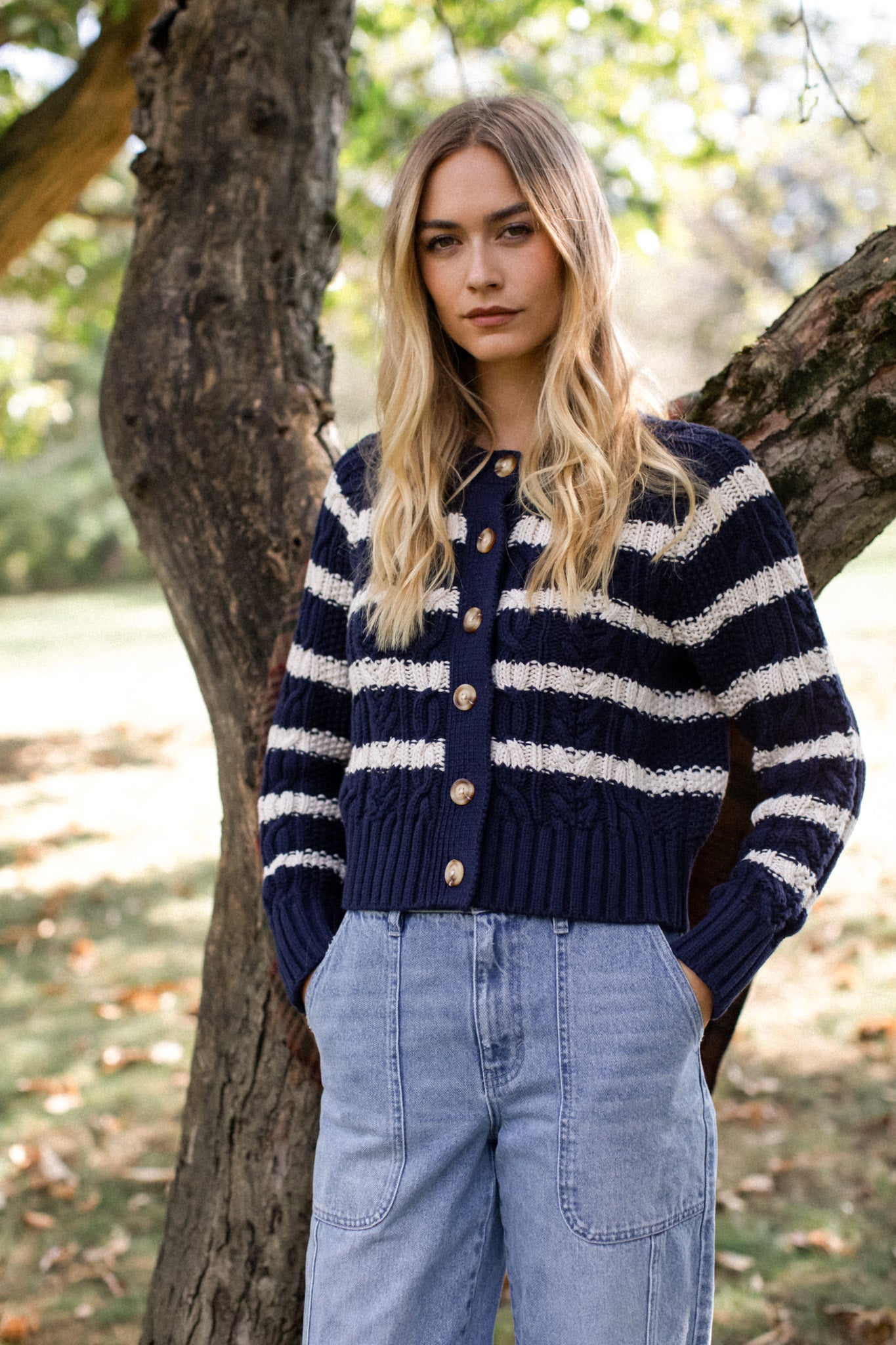 Striped Cable Cardigan - Navy/Ivory Stripe