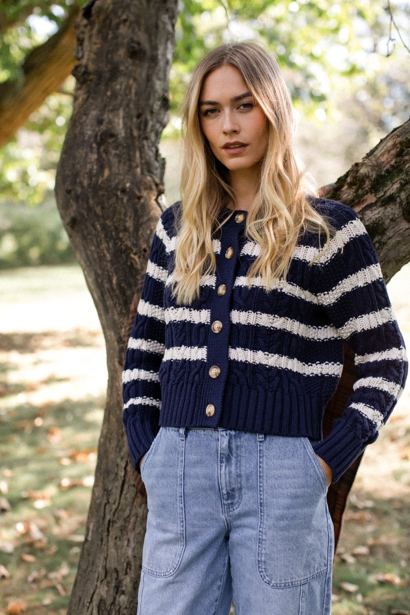 Striped Cable Cardigan - Navy/Ivory Stripe