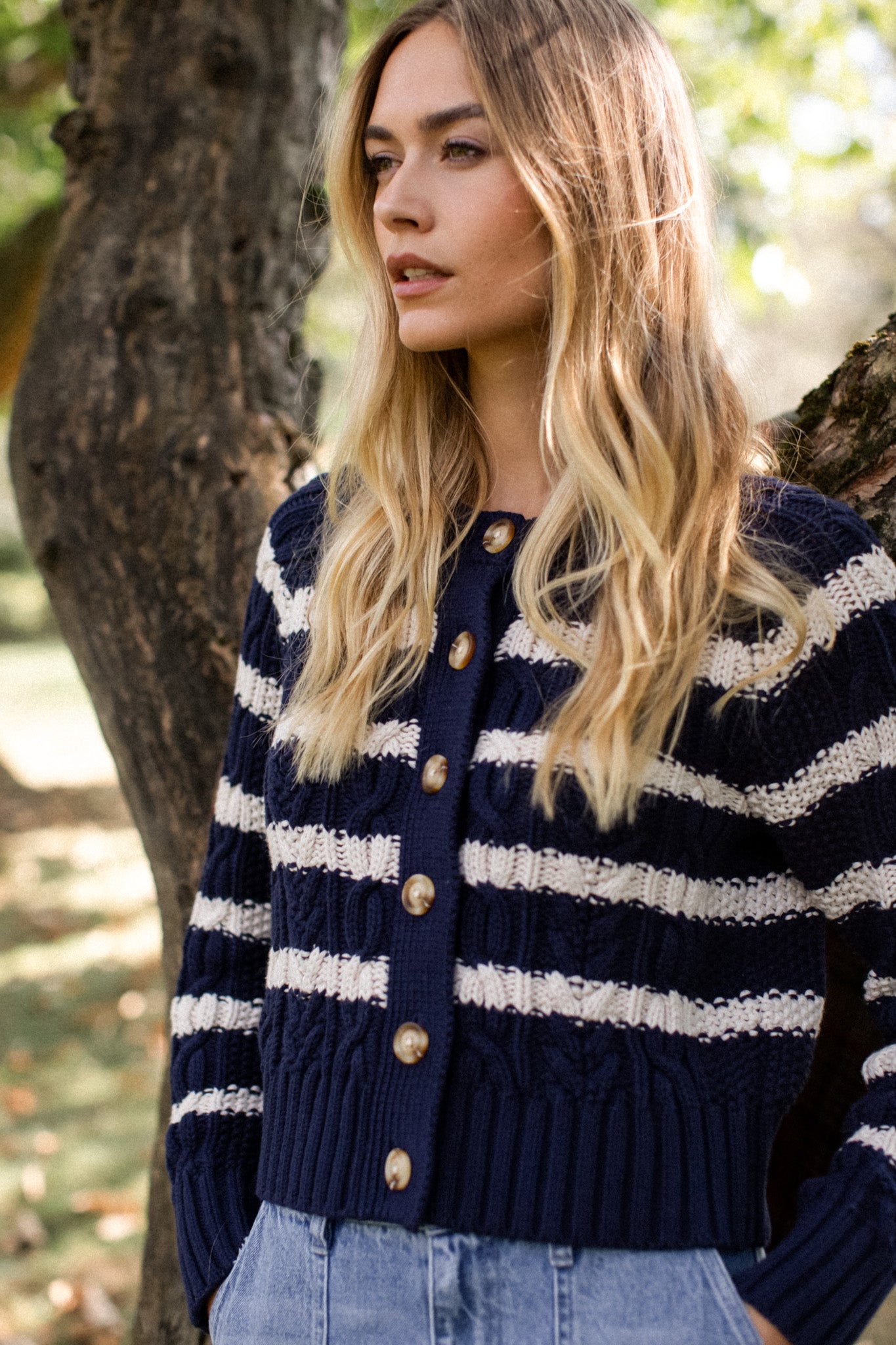Striped Cable Cardigan - Navy/Ivory Stripe