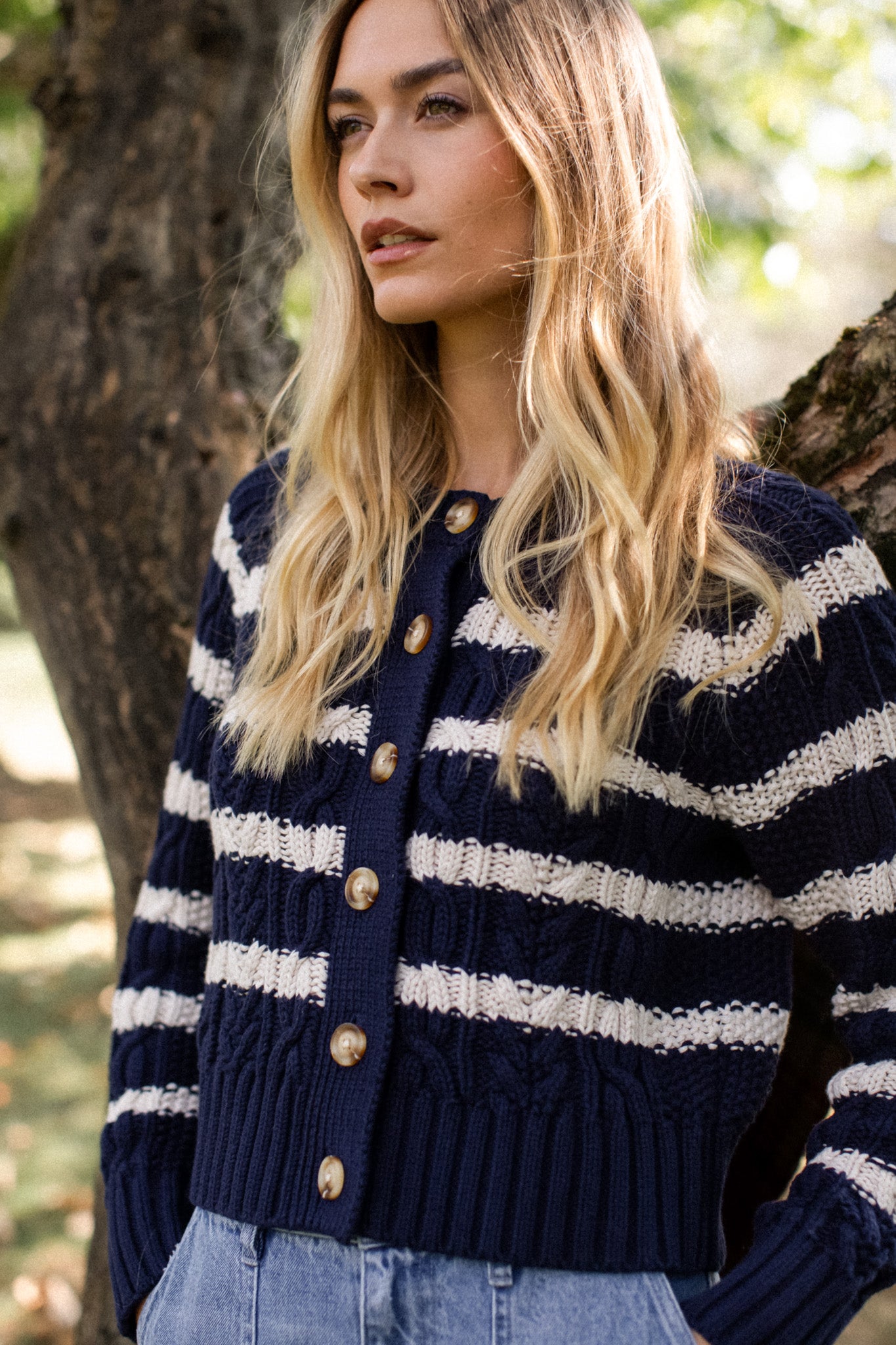 Striped Cable Cardigan - Navy/Ivory Stripe