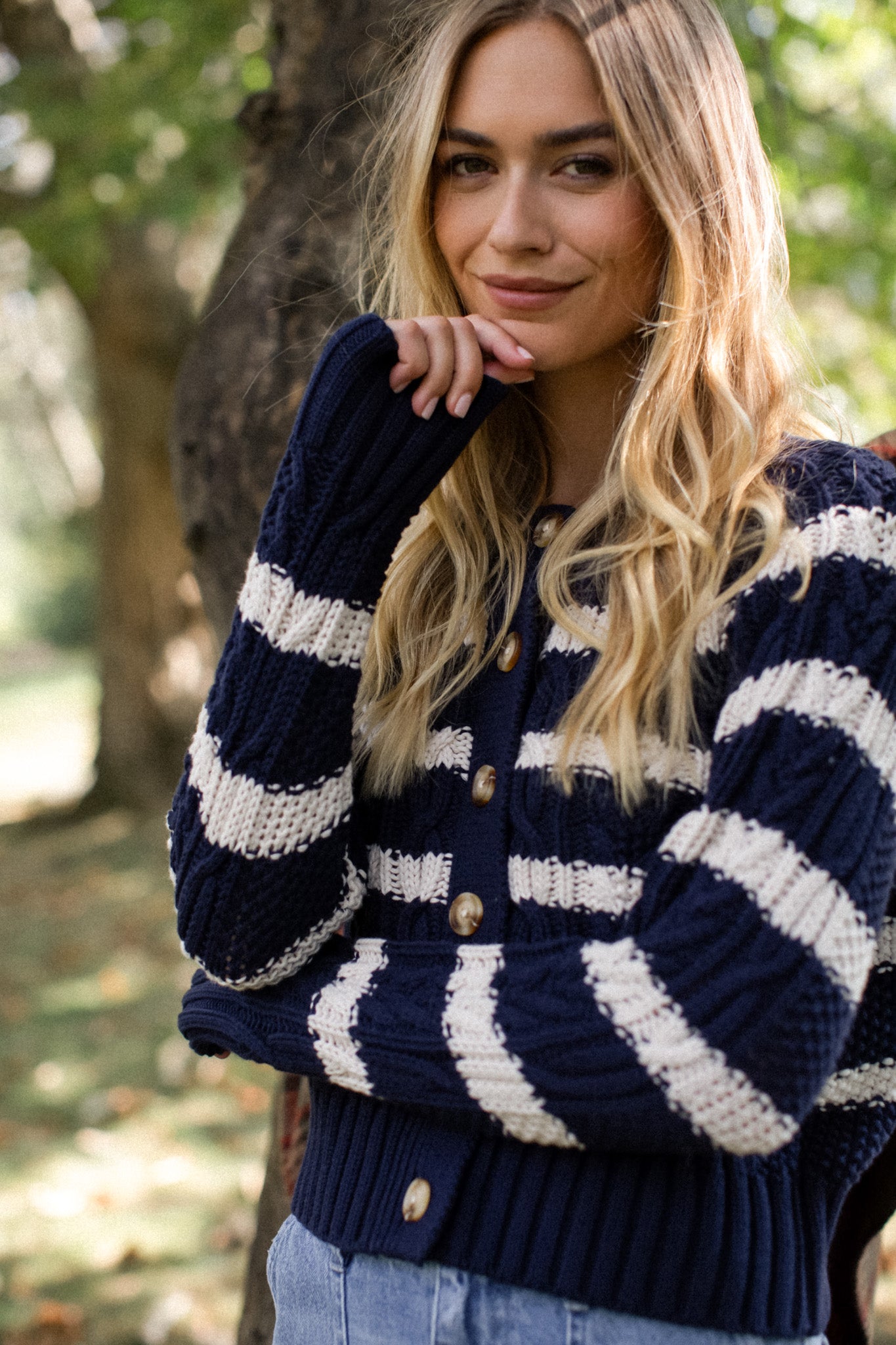 Striped Cable Cardigan - Navy/Ivory Stripe
