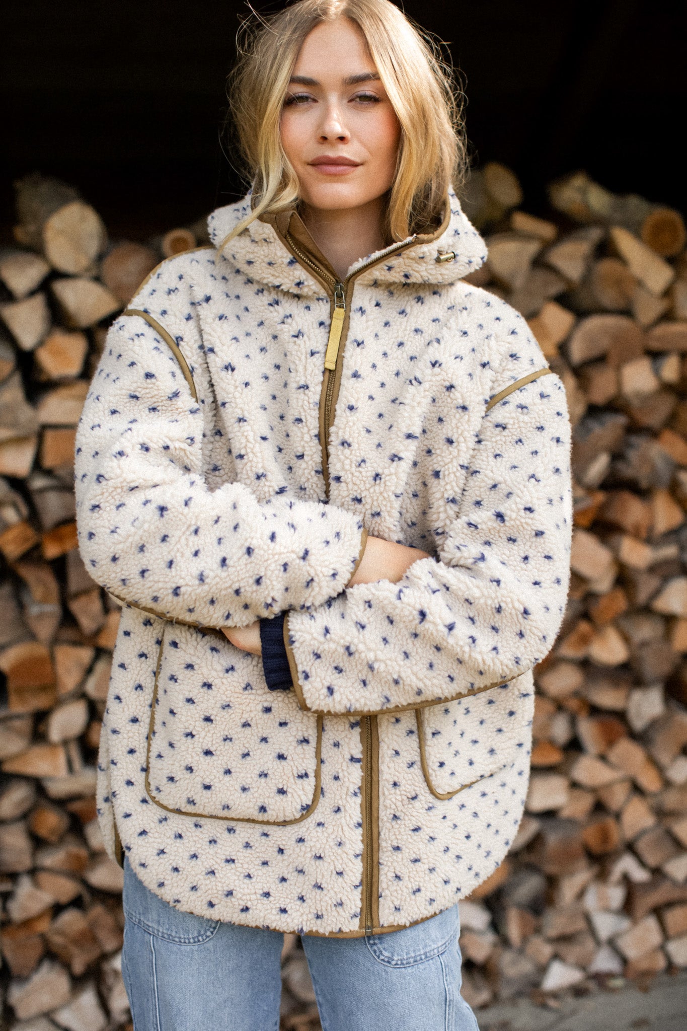 Hooded Sherpa Jacket - Ivory/Blue Birdseye