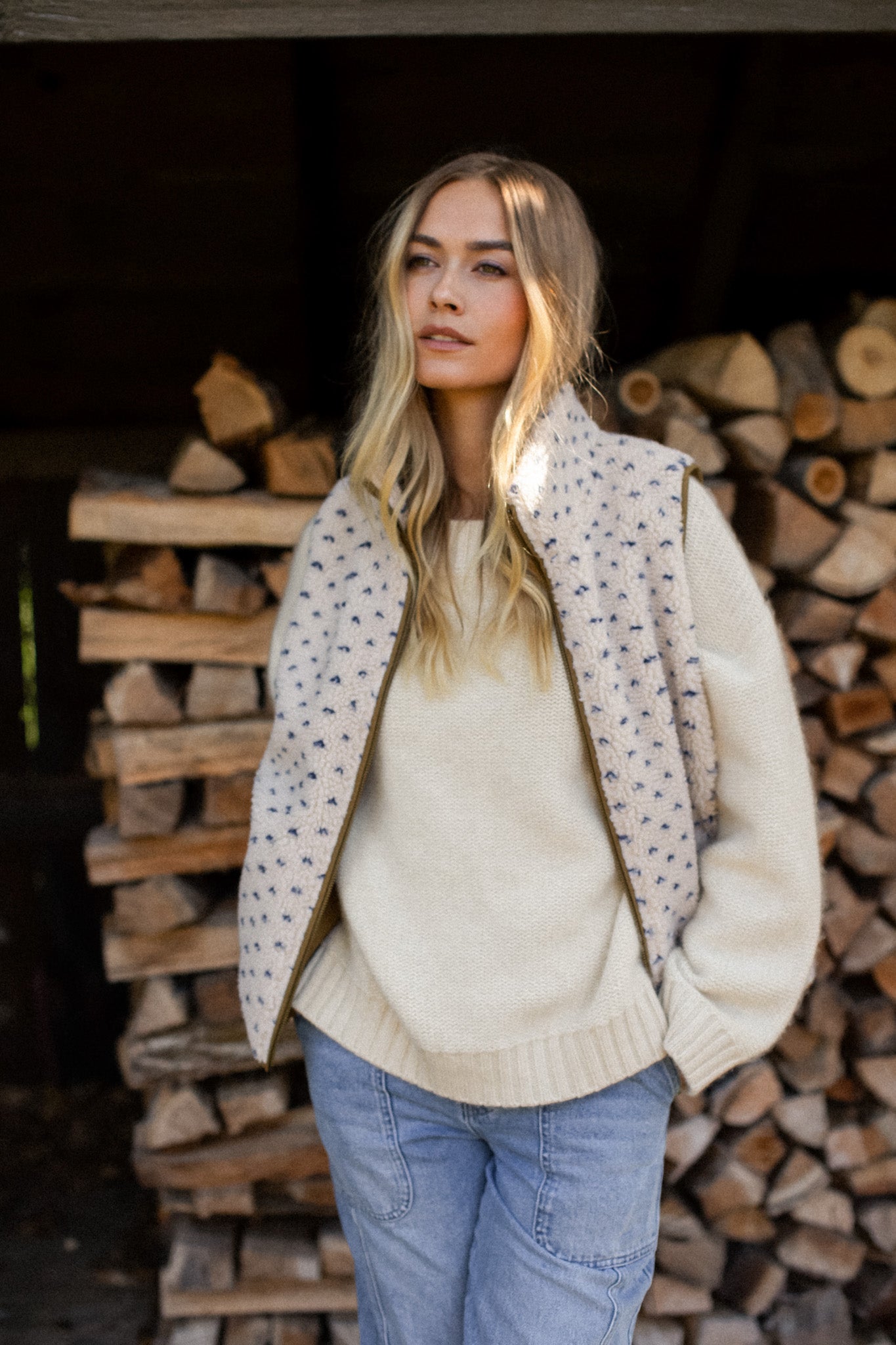 Sherpa Vest - Ivory/Blue Birdseye