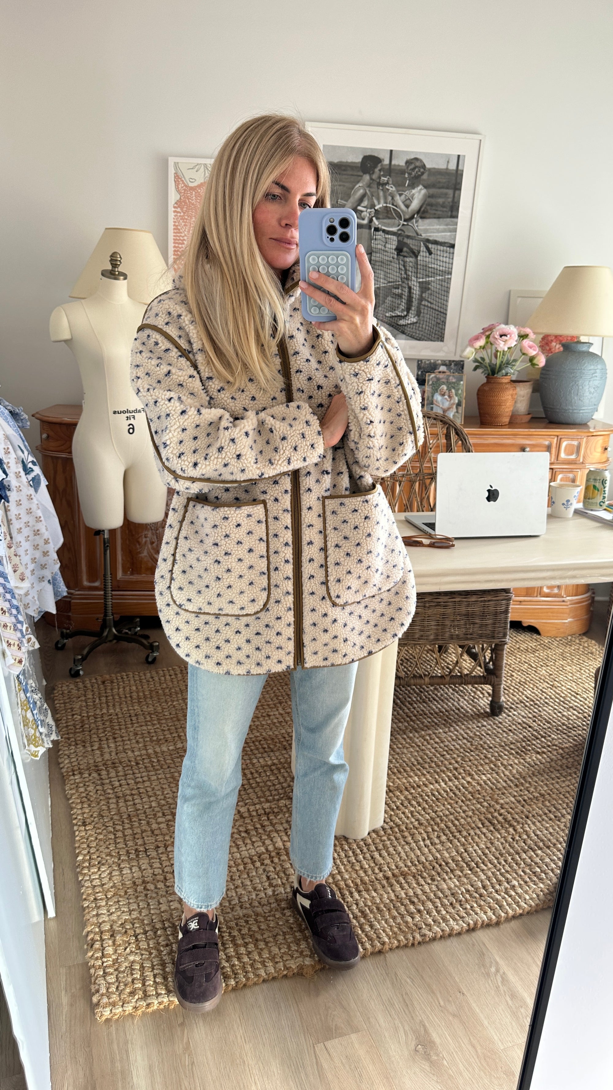 Hooded Sherpa Jacket - Ivory/Blue Birdseye