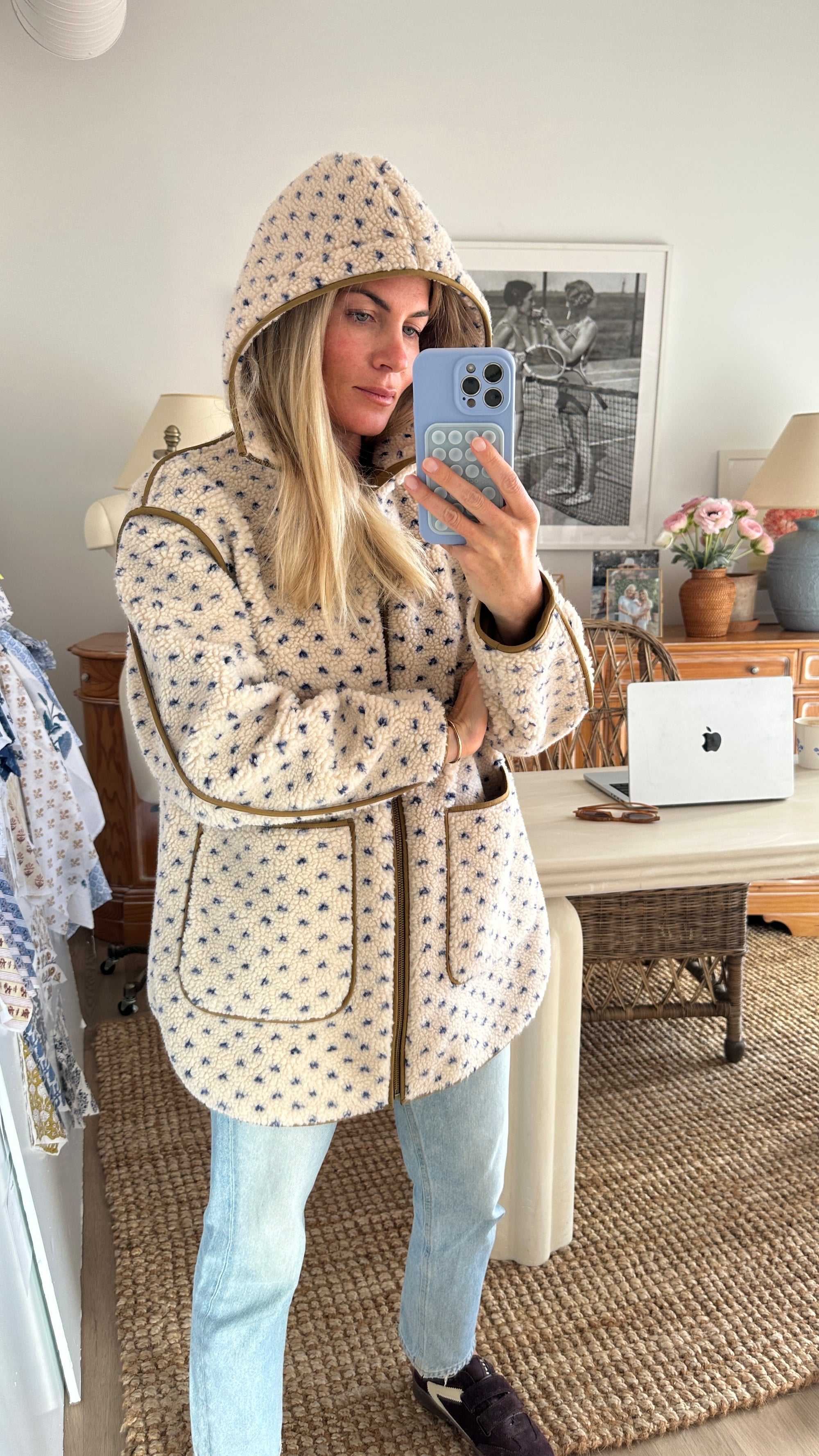 Hooded Sherpa Jacket - Ivory/Blue Birdseye