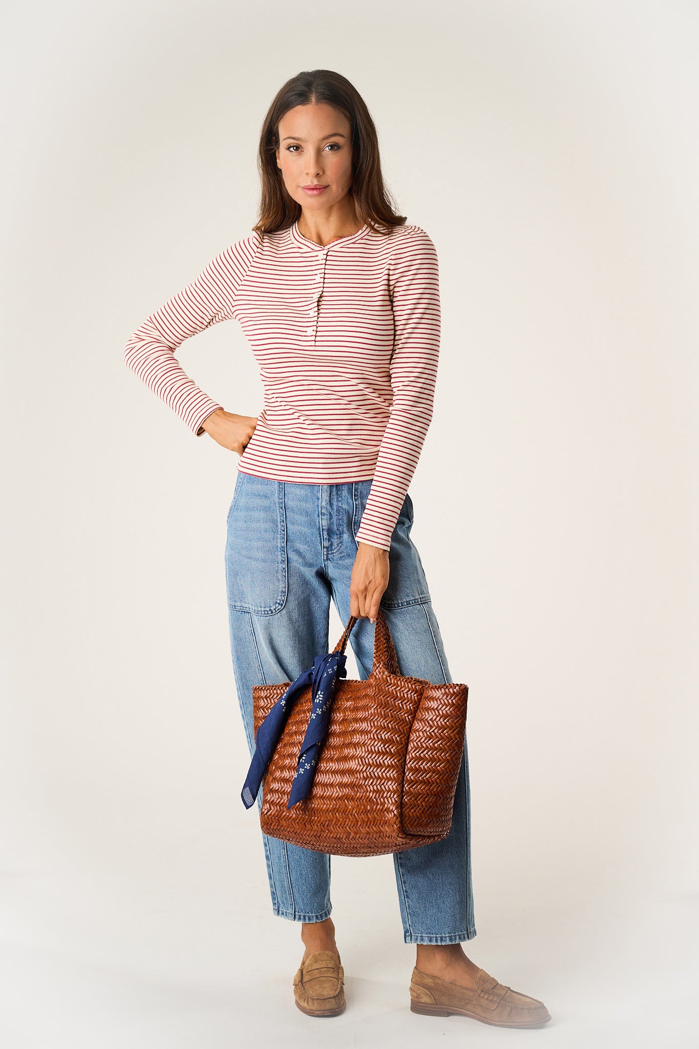 Puff Sleeve Henley - Ivory/Burgundy Stripe