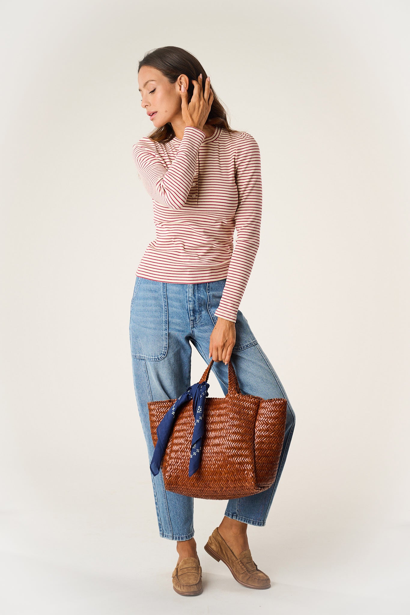 Puff Sleeve Henley - Ivory/Burgundy Stripe