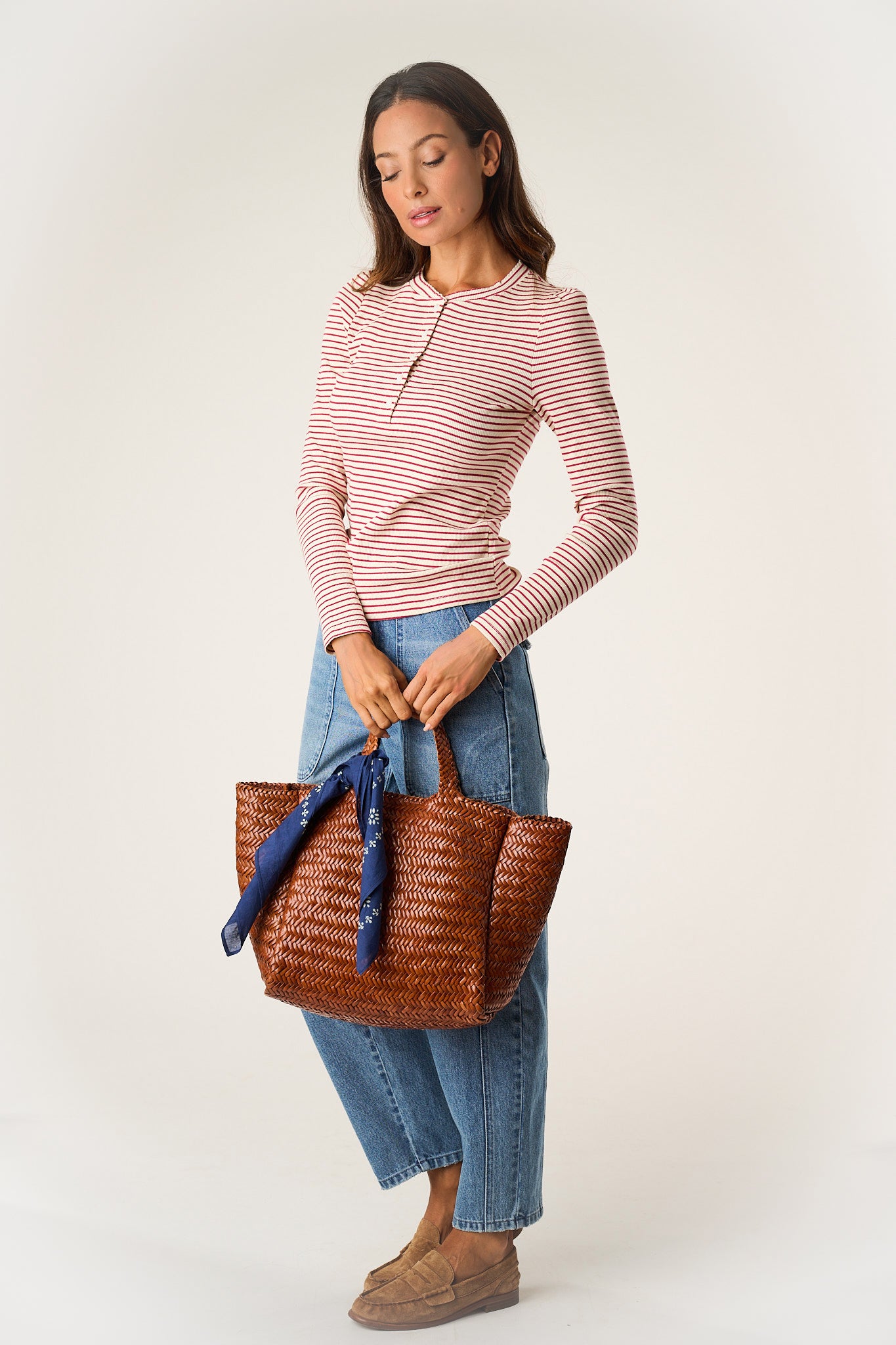 Puff Sleeve Henley - Ivory/Burgundy Stripe