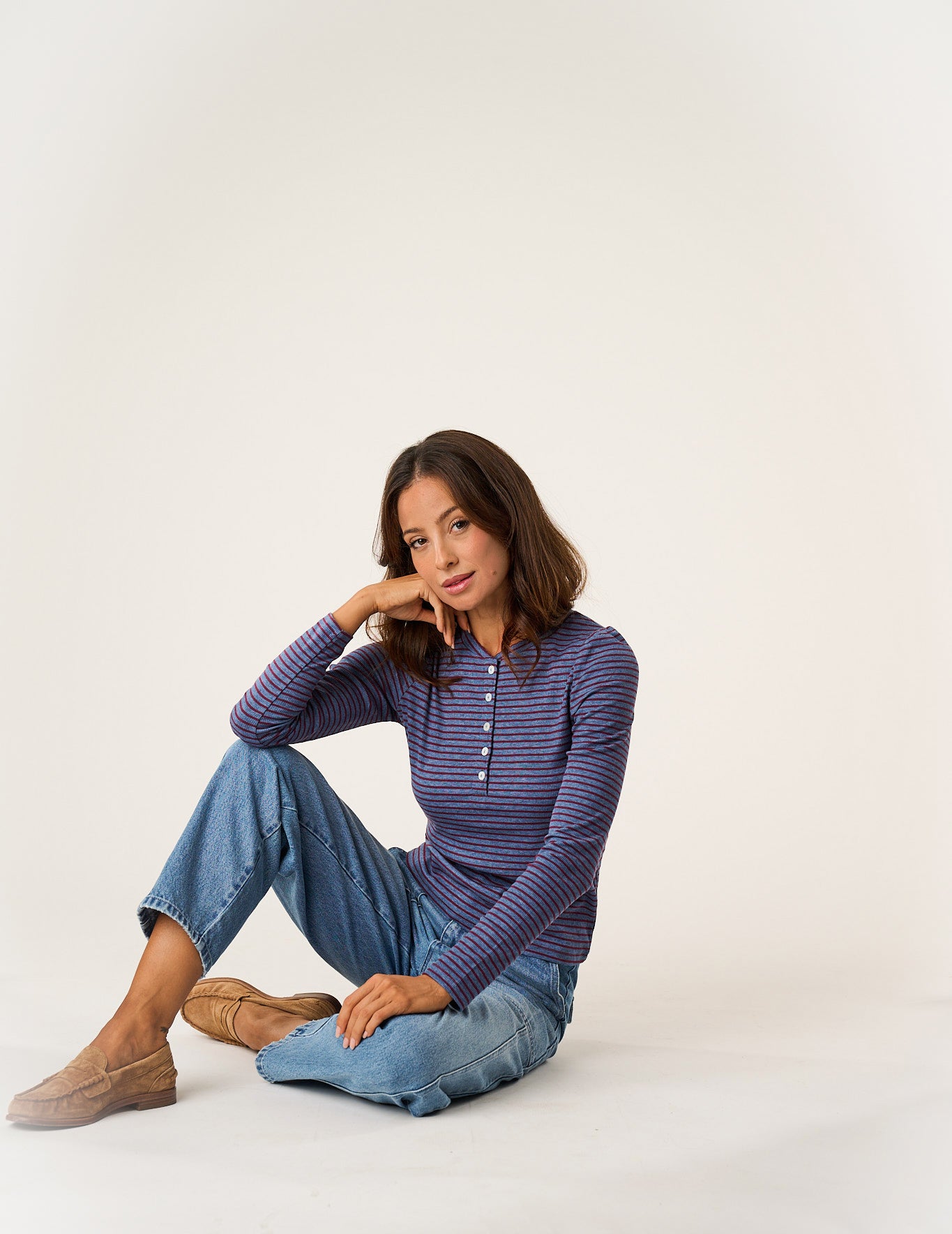 Puff Sleeve Henley - Heather Blue/Burgundy Stripe