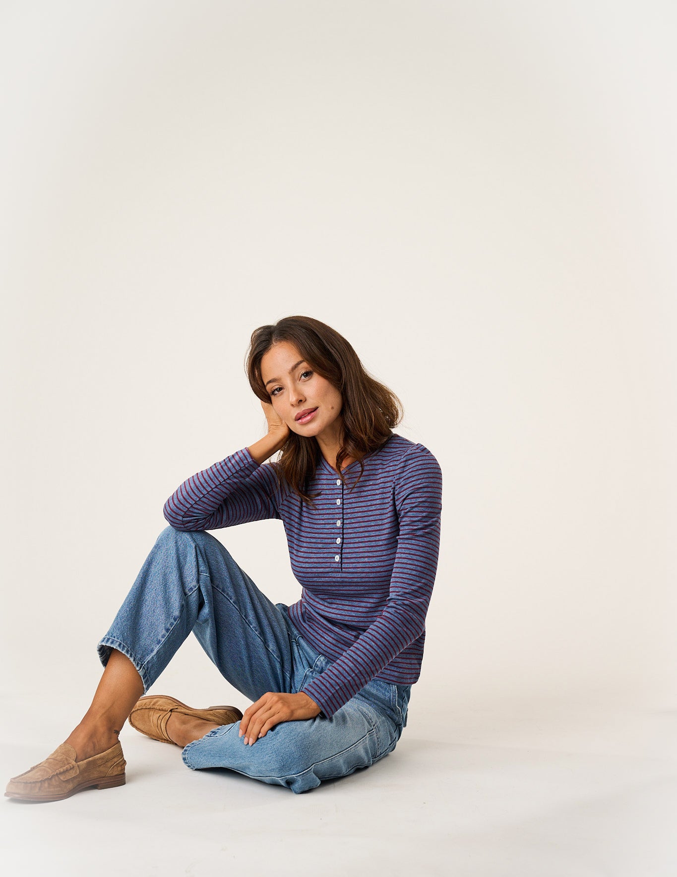 Puff Sleeve Henley - Heather Blue/Burgundy Stripe