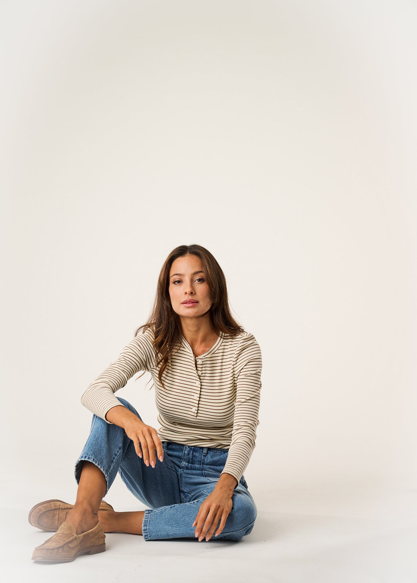 Puff Sleeve Henley - Ivory/Mocha Stripe