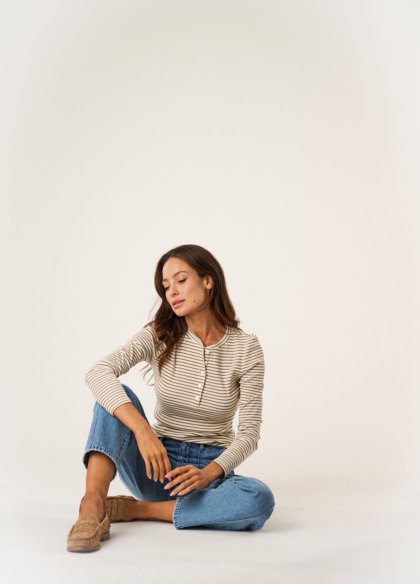Puff Sleeve Henley - Ivory/Mocha Stripe