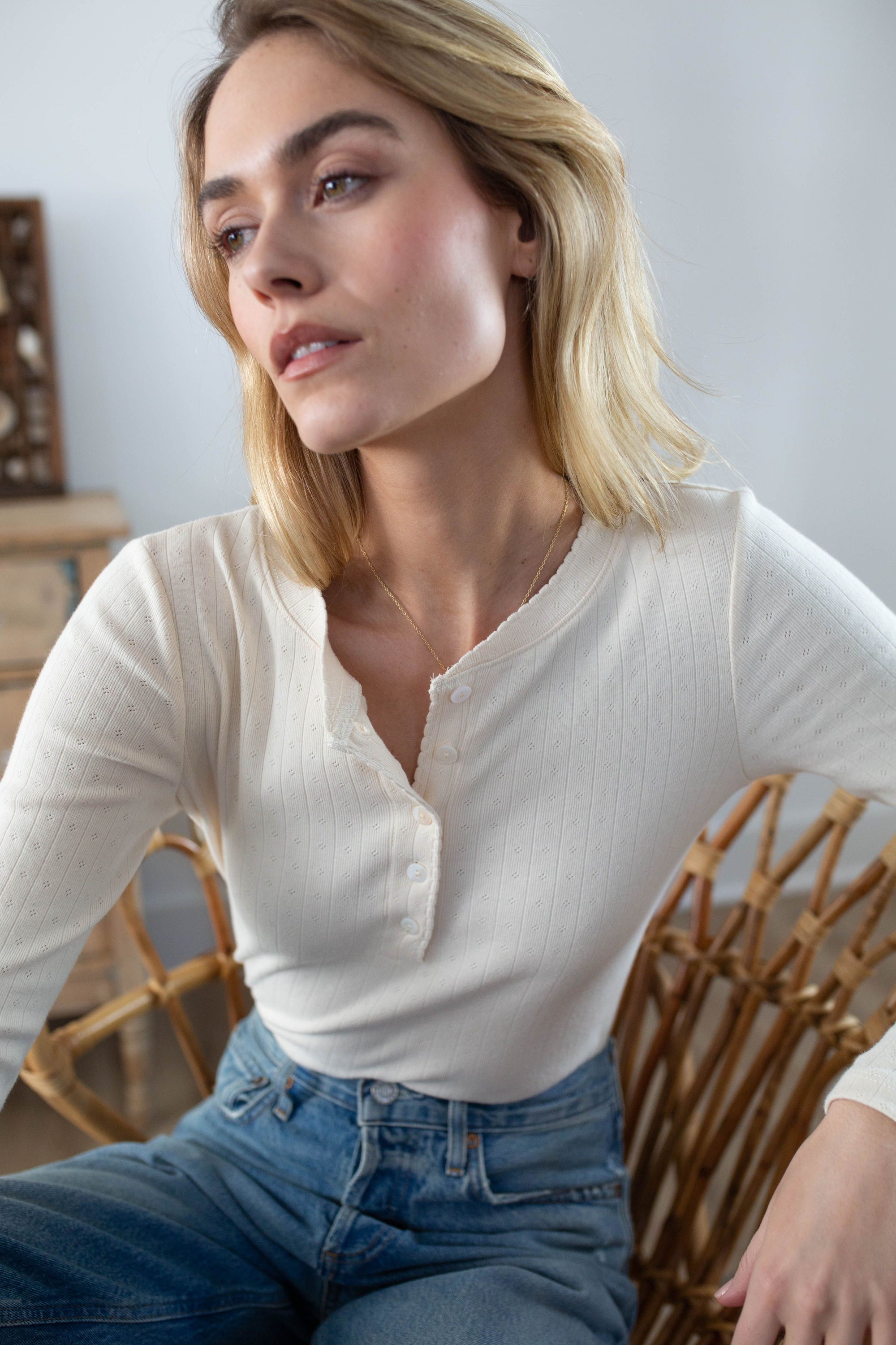 Pointelle Long Sleeve Henley - Ivory