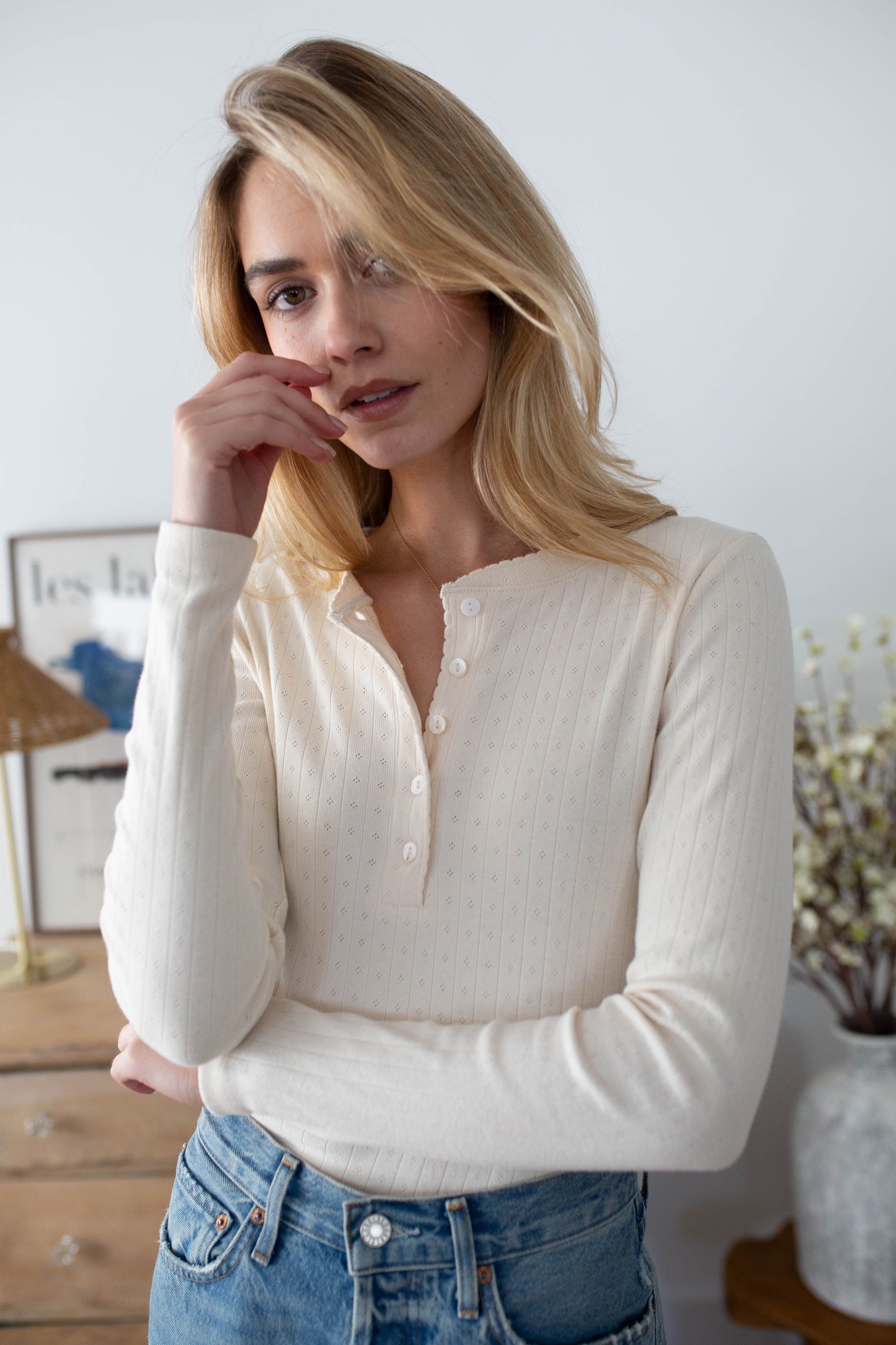 Pointelle Long Sleeve Henley - Ivory