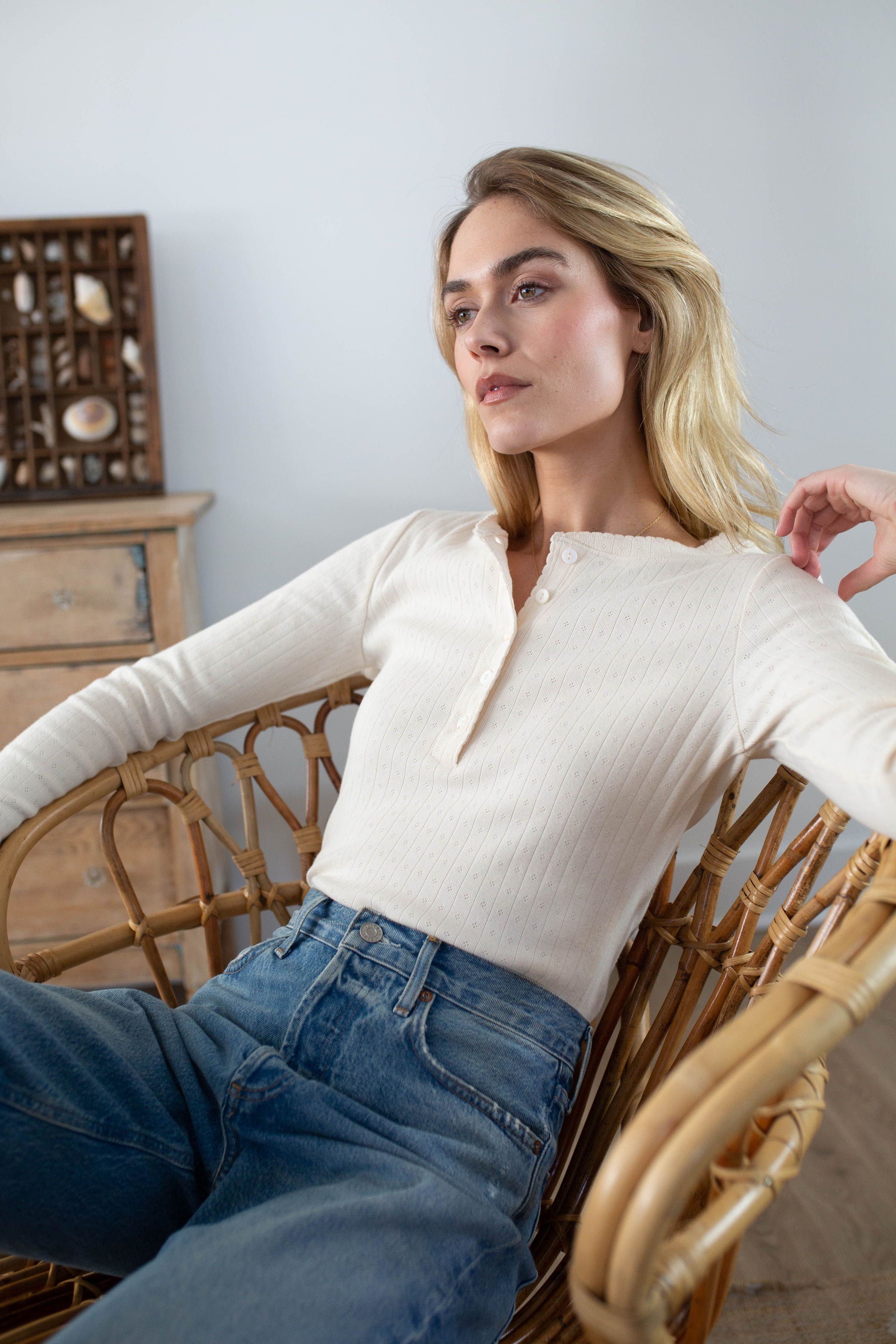 Pointelle Long Sleeve Henley - Ivory