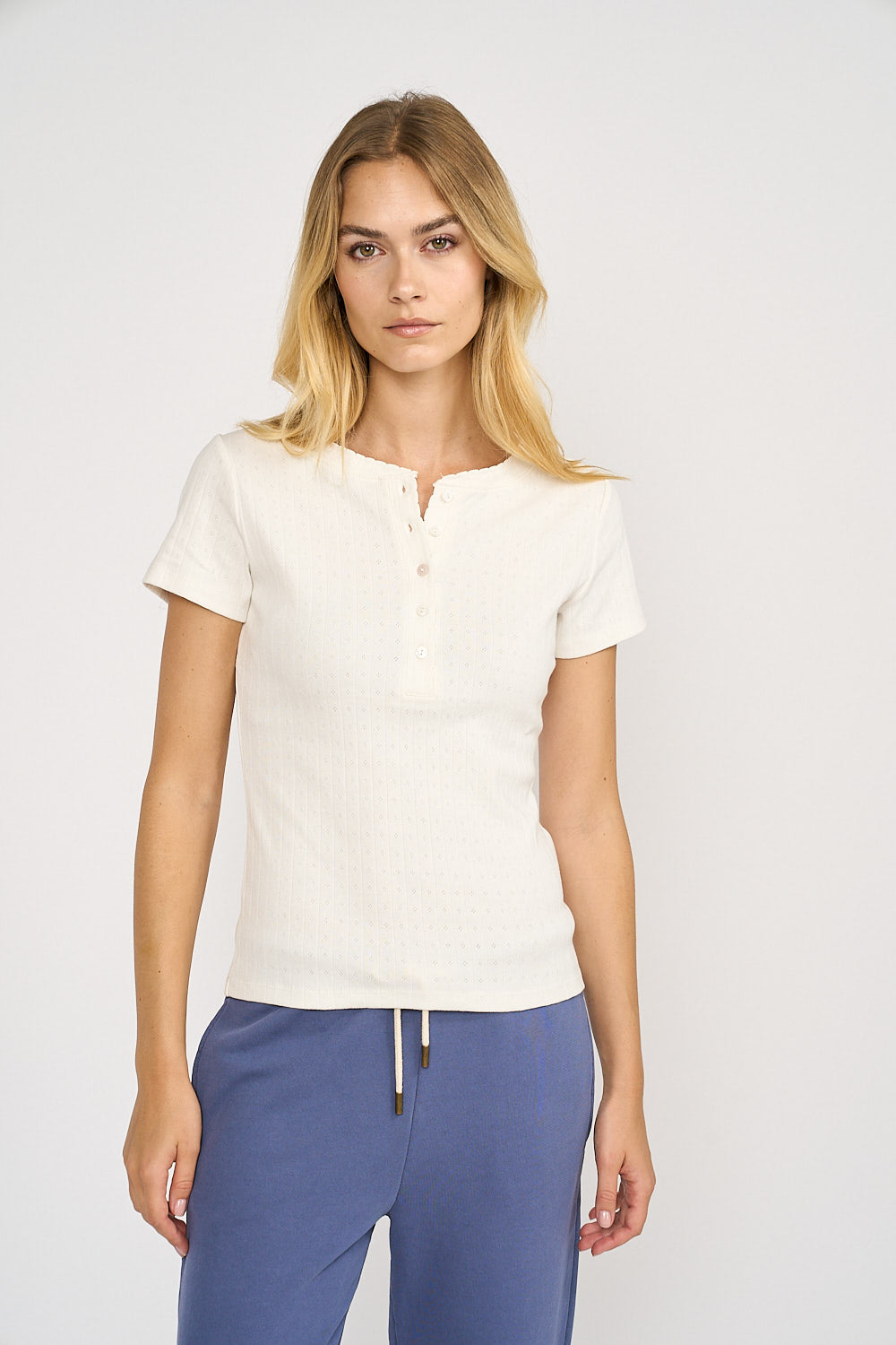 Pointelle Short Sleeve Henley - White