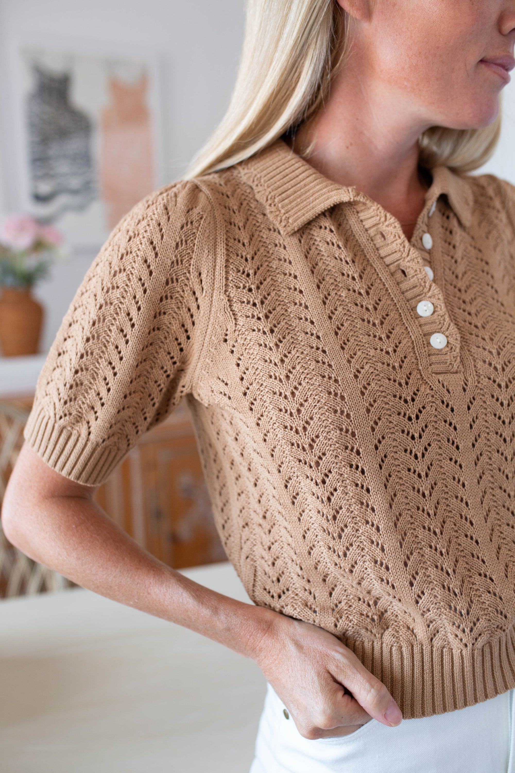 Pointelle Short Sleeve Polo - Dune