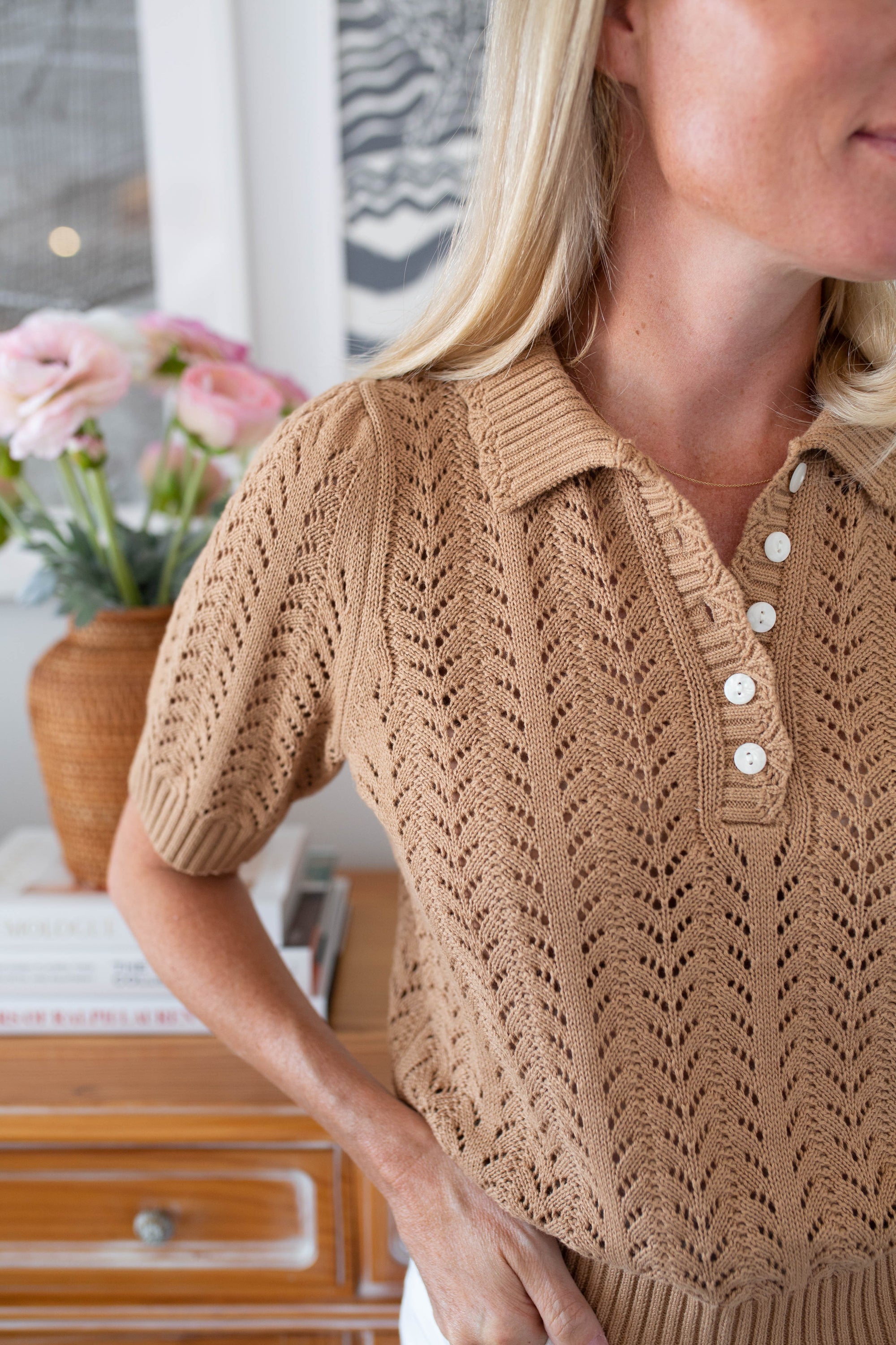 Pointelle Short Sleeve Polo - Dune