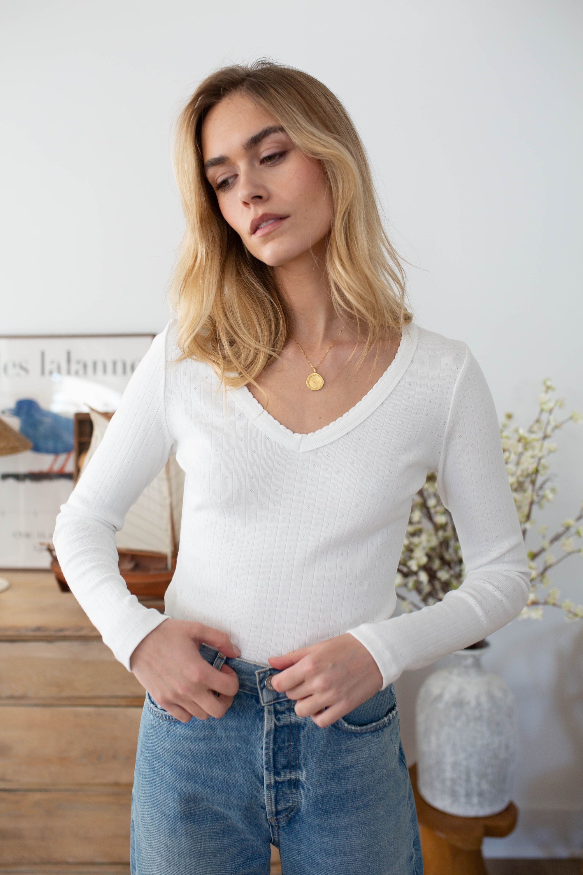 Pointelle Long Sleeve V-Neck - White