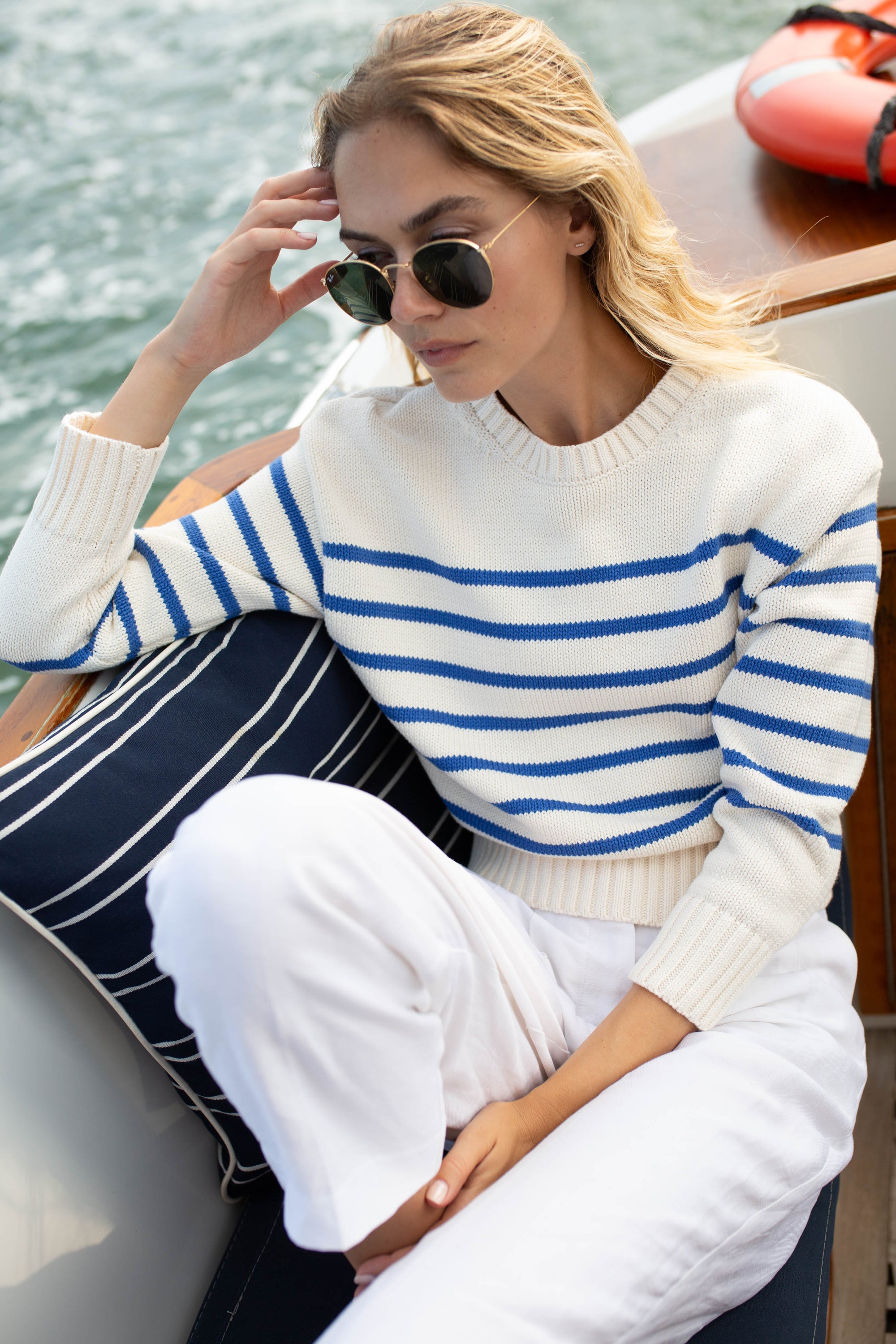 Lake Sweater - Ivory/Tidal Blue Stripe
