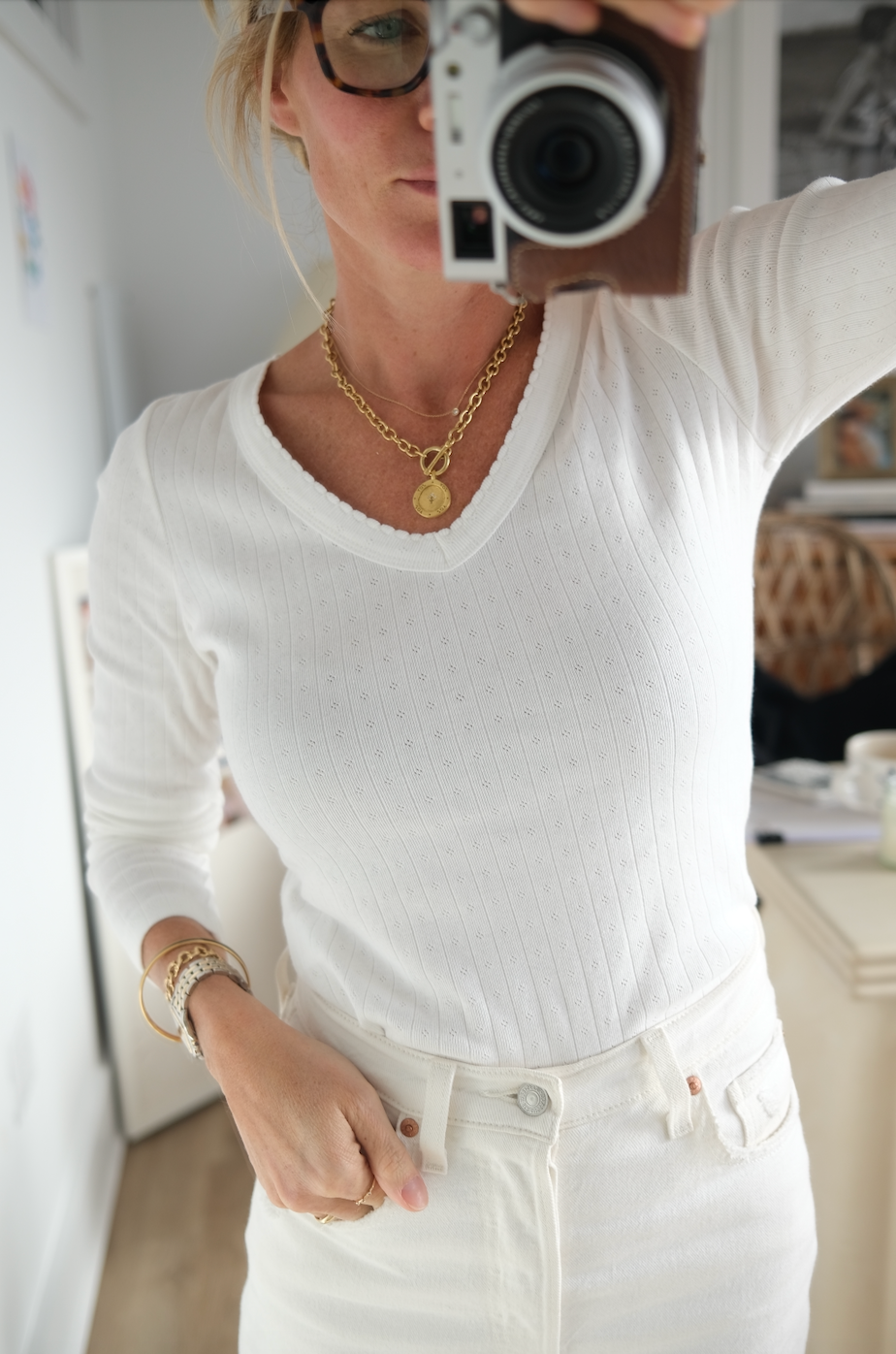 Pointelle Long Sleeve V-Neck - White