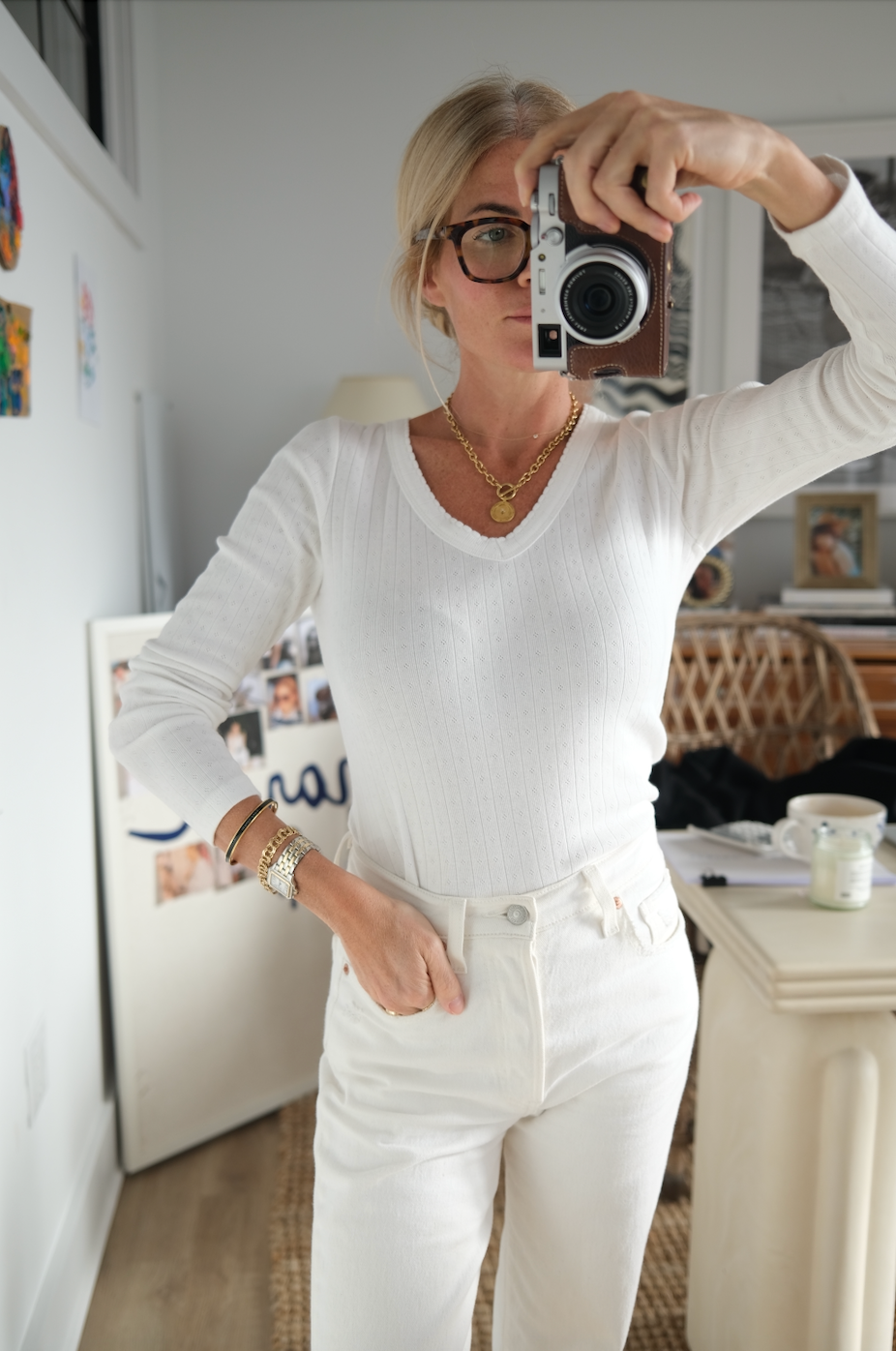 Pointelle Long Sleeve V-Neck - White