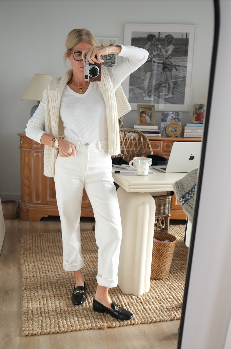 Pointelle Long Sleeve V-Neck - White
