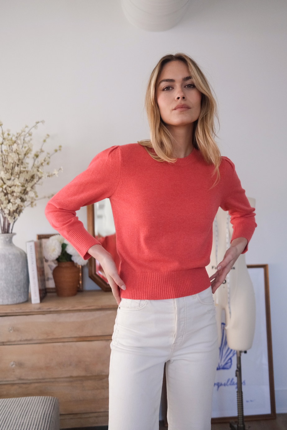 Cashmere Puff Sleeve Crewneck Sweater - Coral