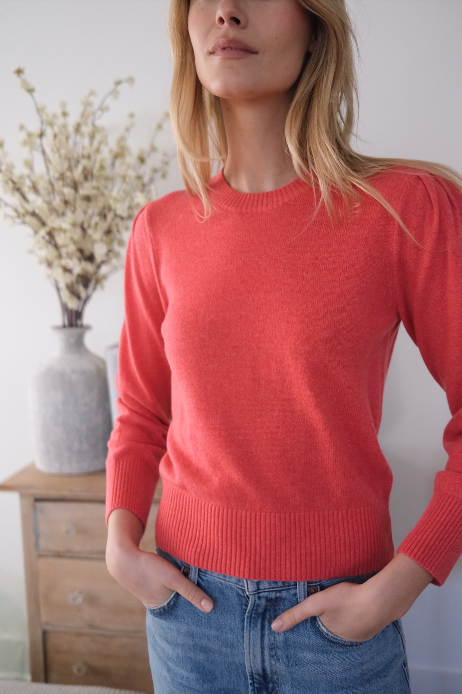 Cashmere Puff Sleeve Crewneck Sweater - Coral