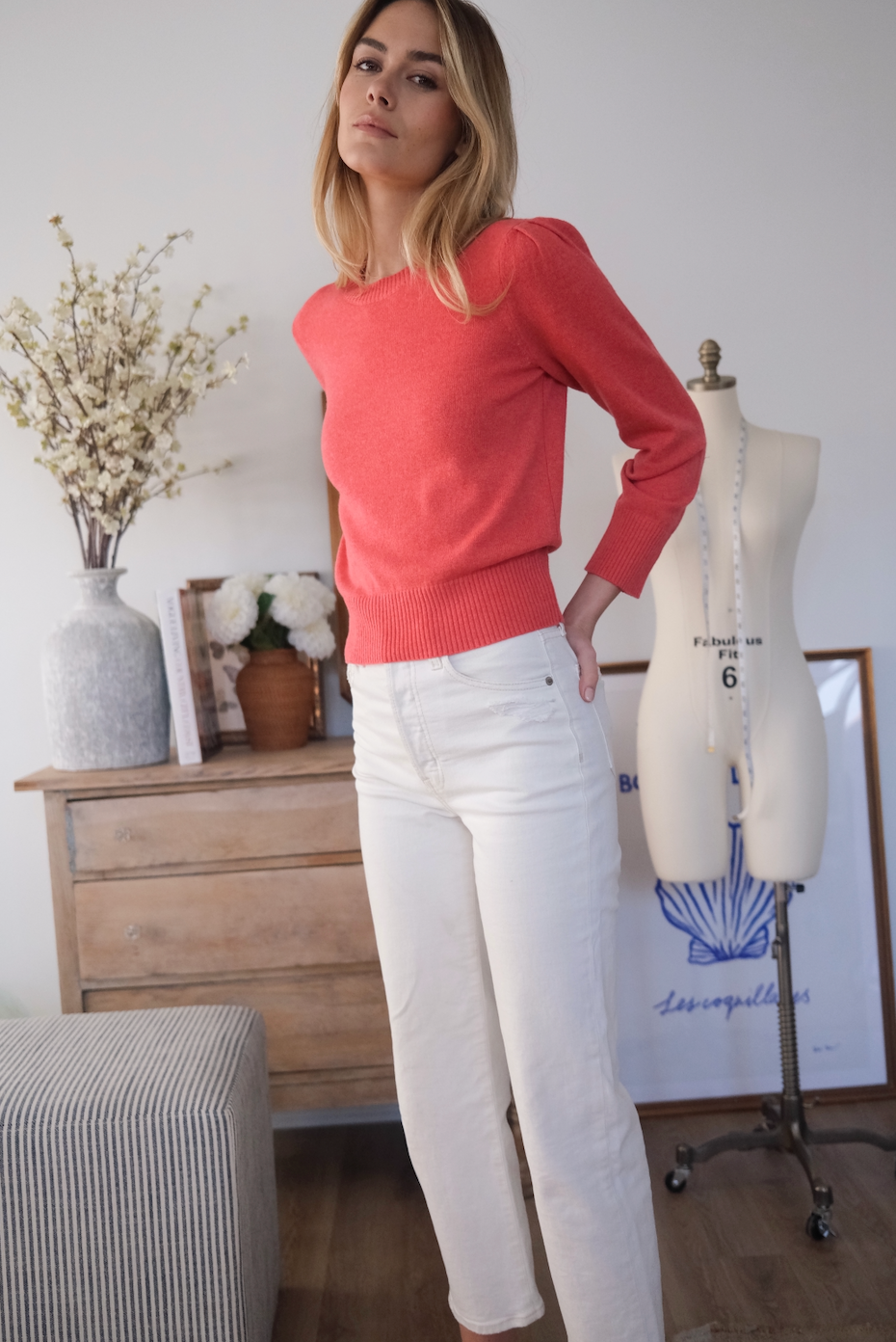 Cashmere Puff Sleeve Crewneck Sweater - Coral