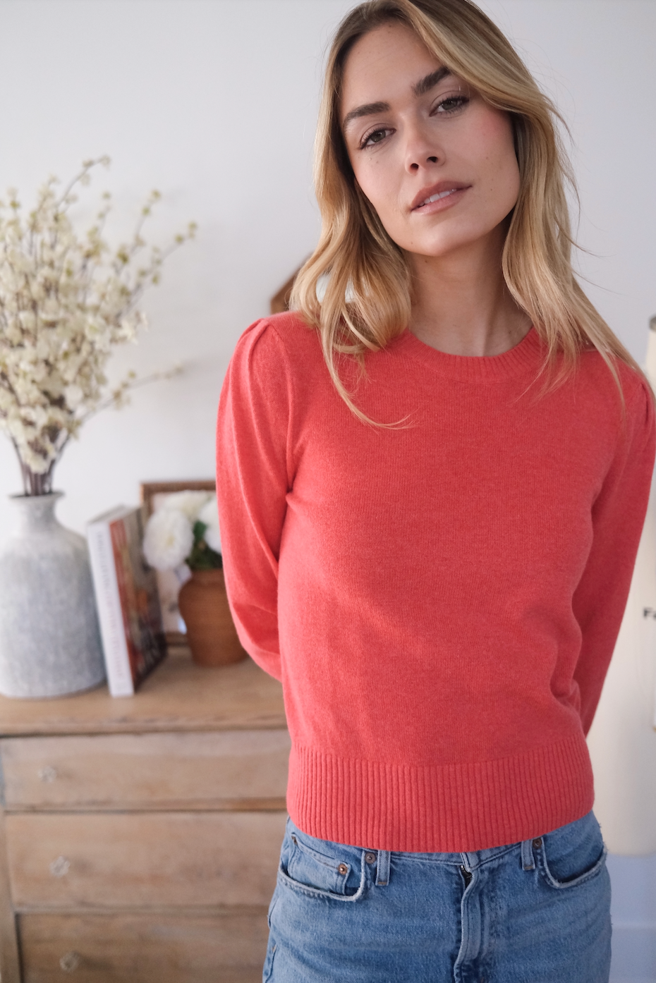 Cashmere Puff Sleeve Crewneck Sweater - Coral