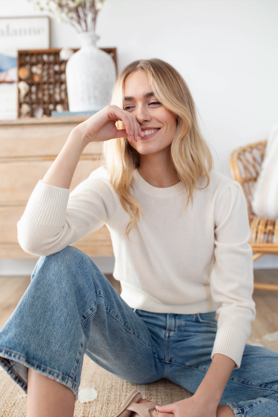 Cashmere Puff Sleeve Crewneck Sweater - Ivory