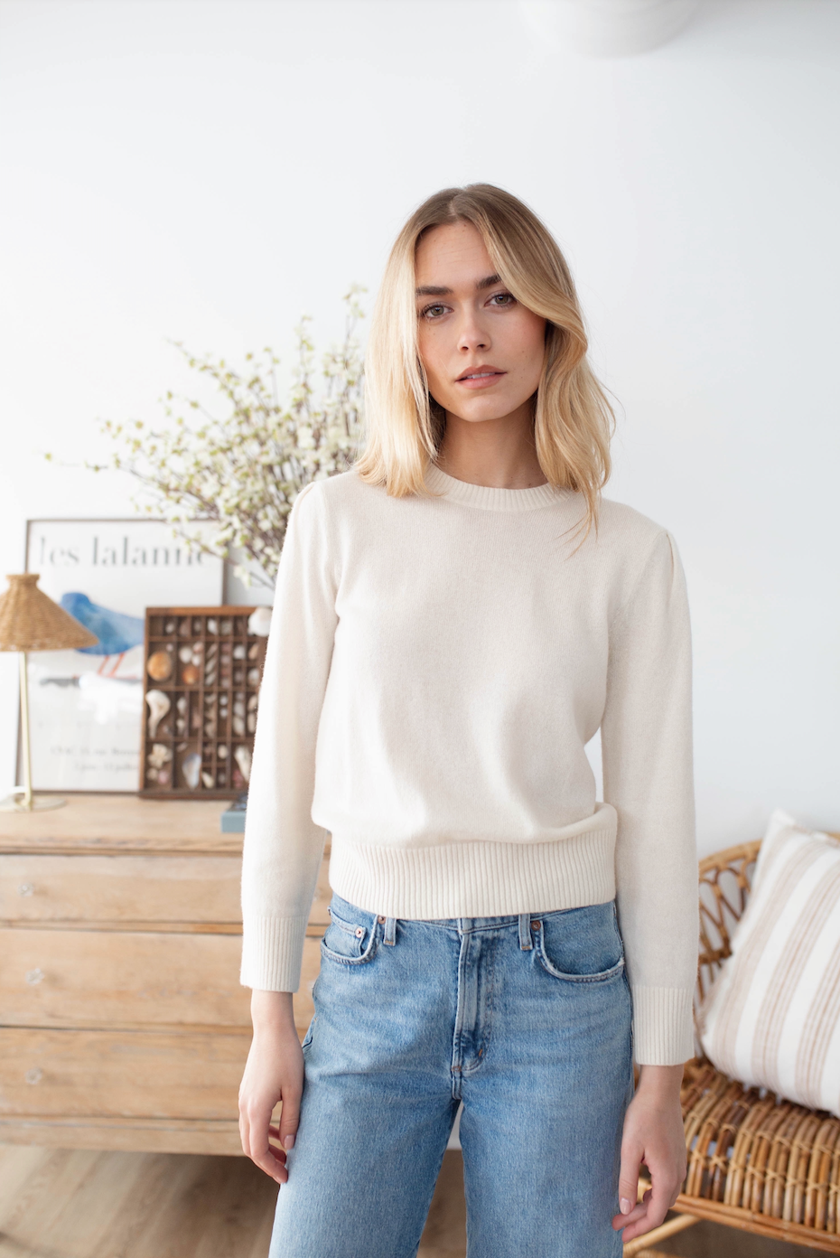 Cashmere Puff Sleeve Crewneck Sweater - Ivory