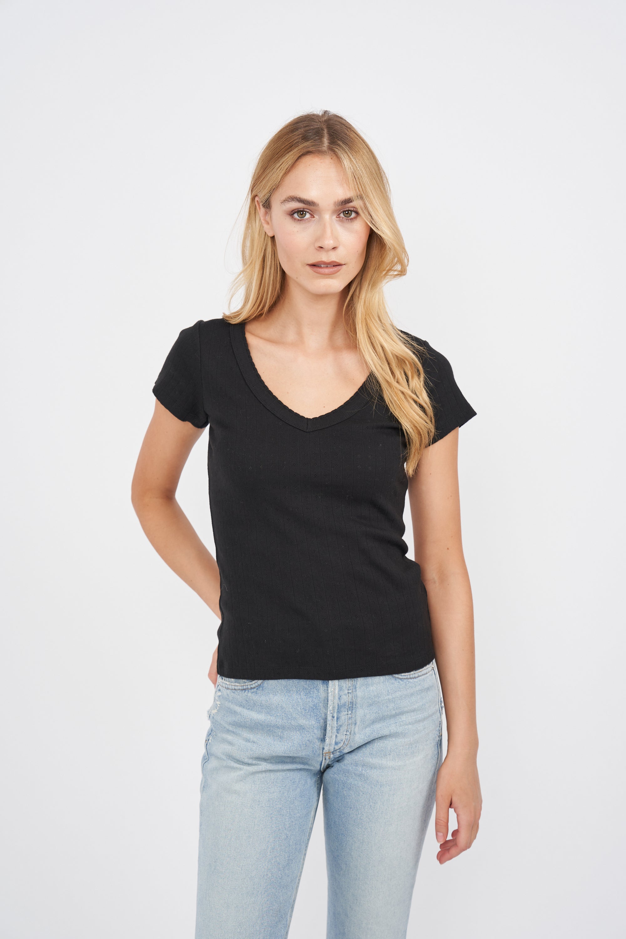 Pointelle V-Neck Tee - Black