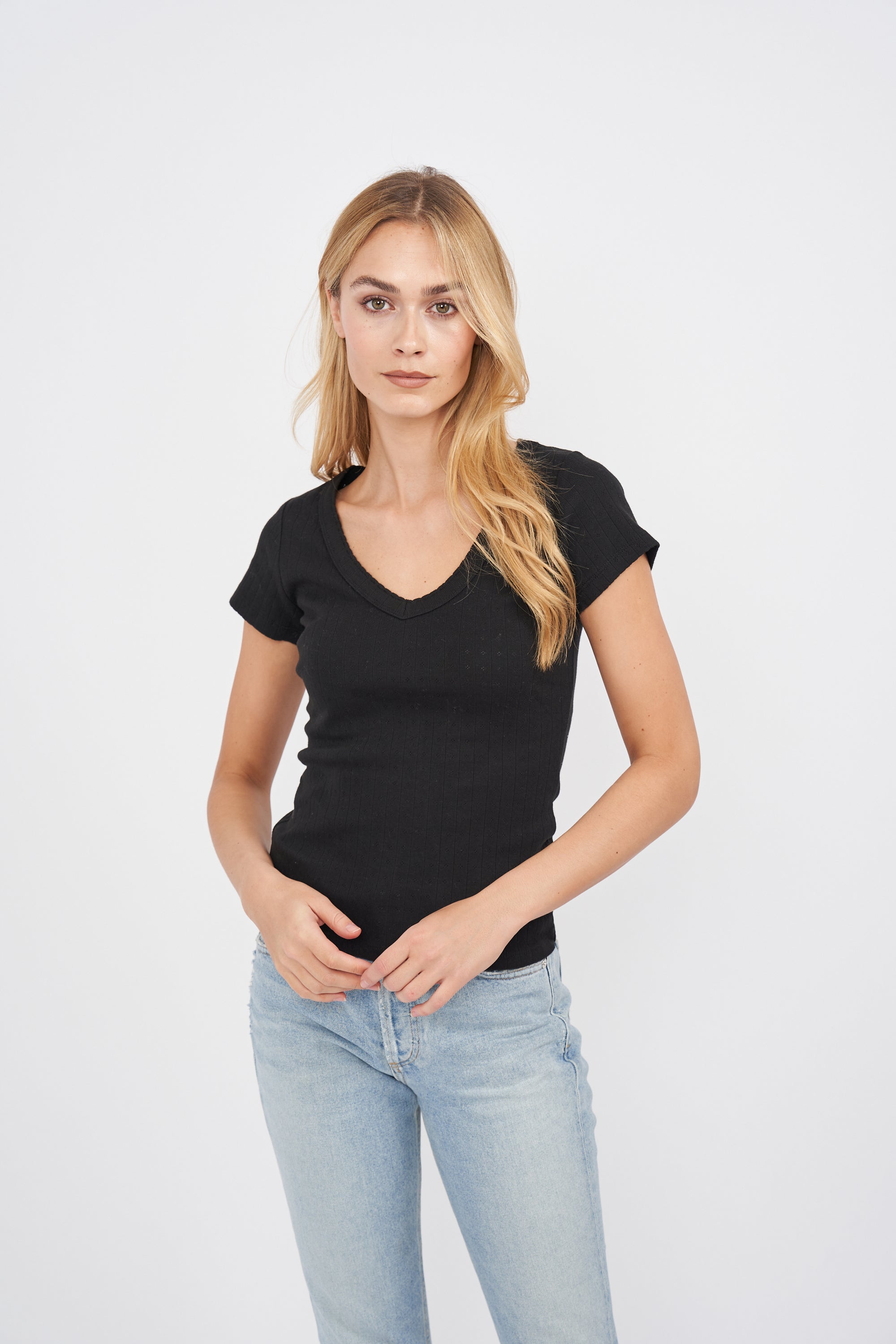 Pointelle V-Neck Tee - Black