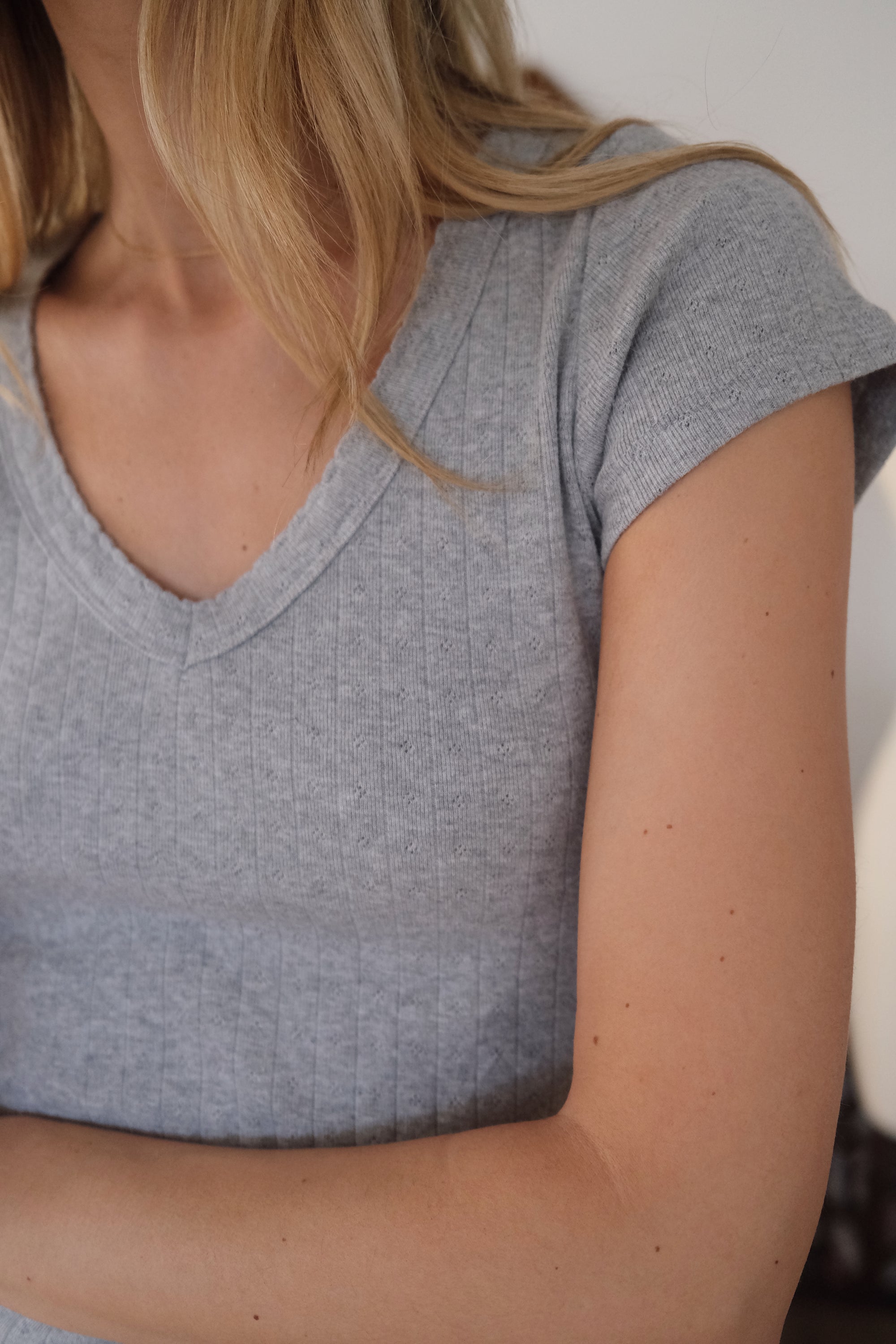 Pointelle V-Neck Tee - Grey