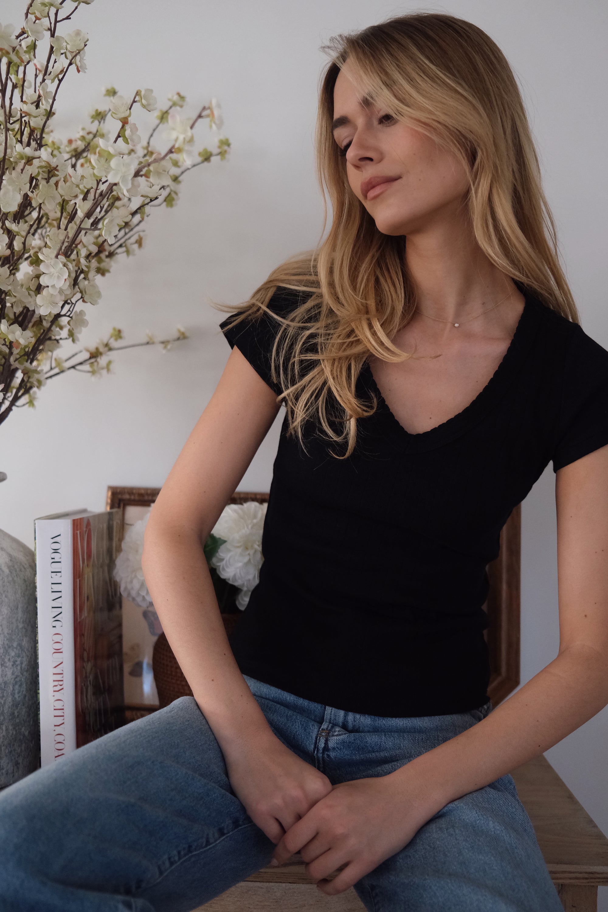Pointelle V-Neck Tee - Black