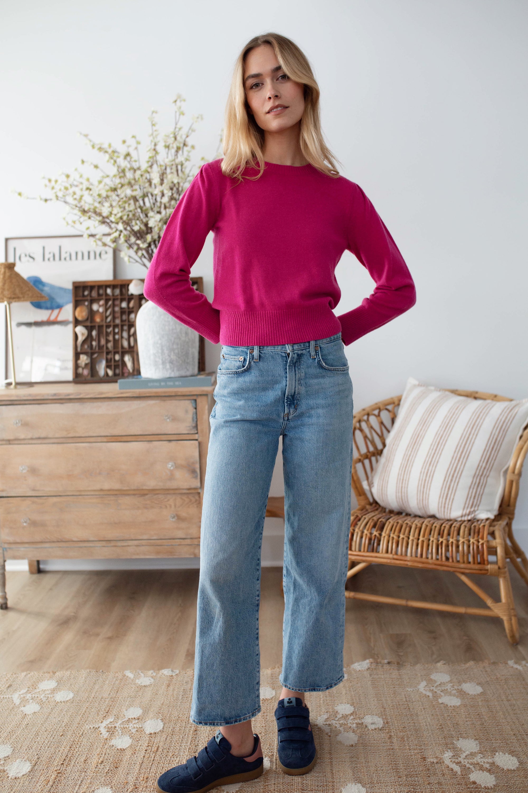 Cashmere Puff Sleeve Crewneck Sweater - Magenta