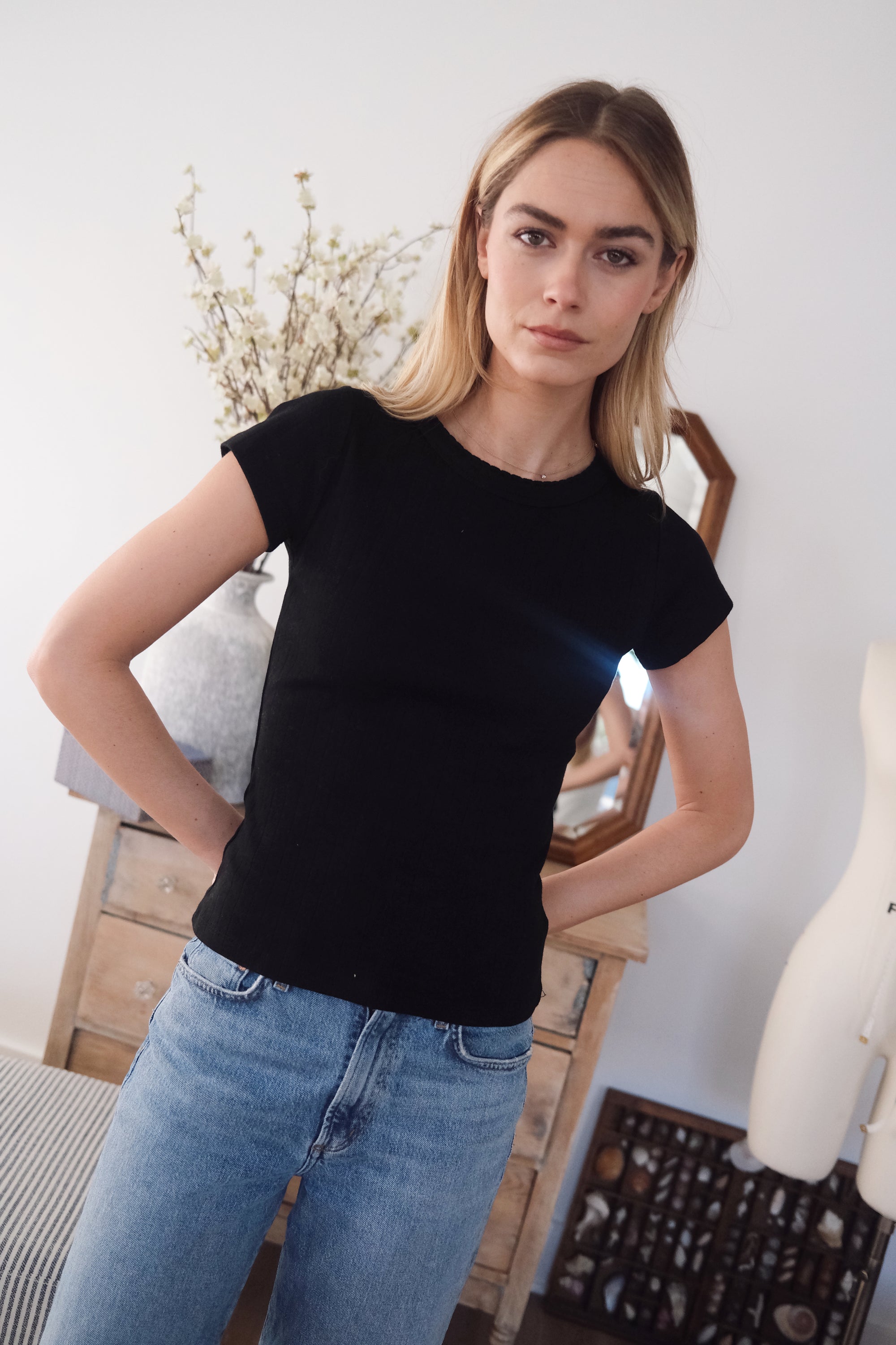 Pointelle Crewneck Tee - Black