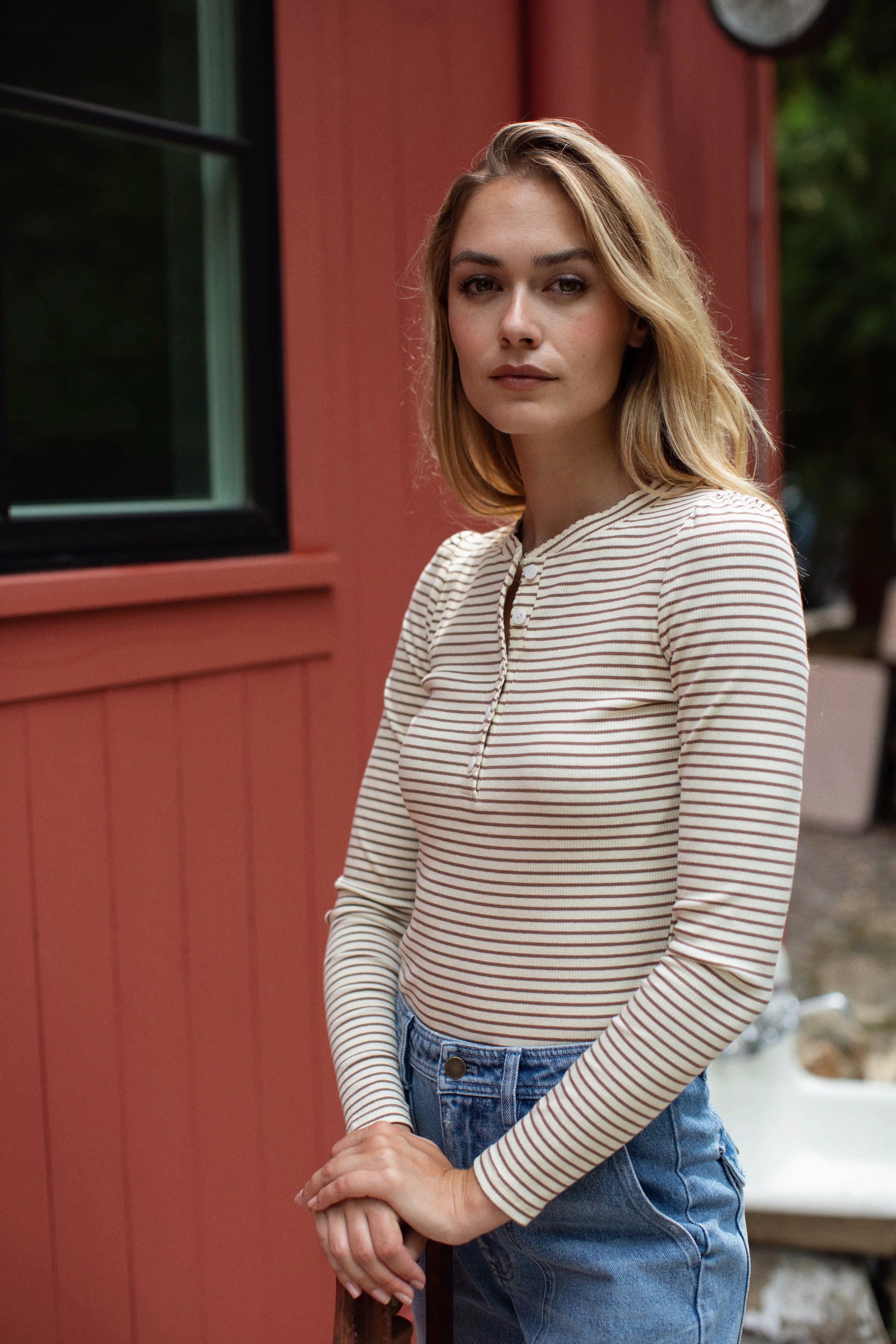 Puff Sleeve Henley - Ivory/Mocha Stripe